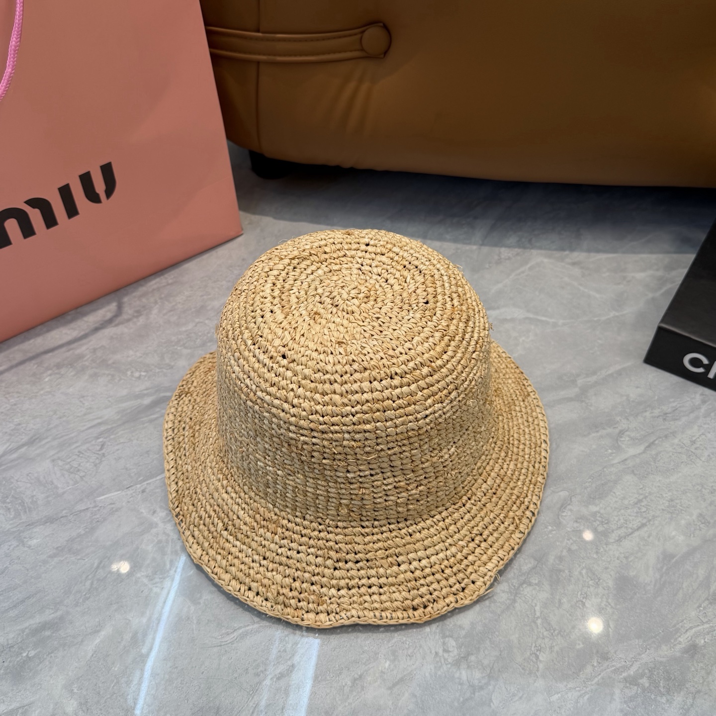 Miu Miu 春夏日休闲草帽 度假logo 进口 拉菲编织草帽子