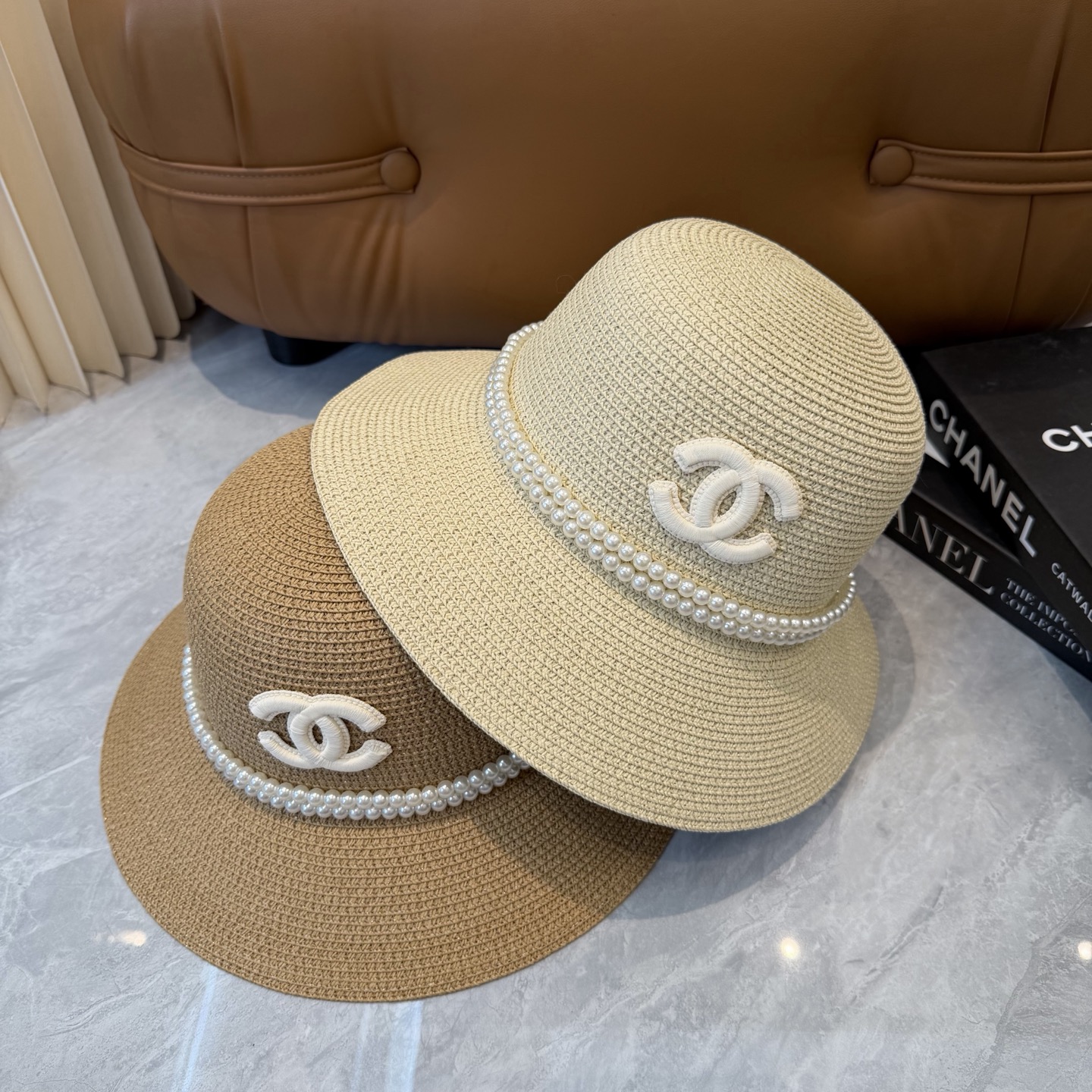 Cha香奈儿新款珍珠链盆帽草帽，小清新，头围57cm