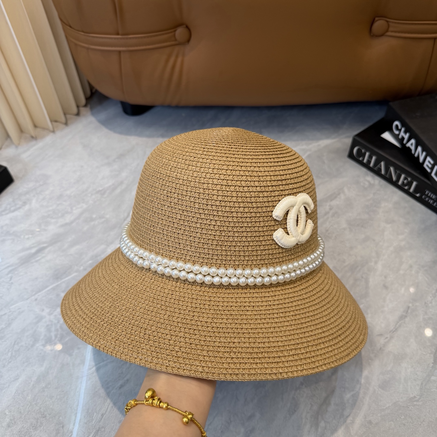 Cha香奈儿新款珍珠链盆帽草帽，小清新，头围57cm