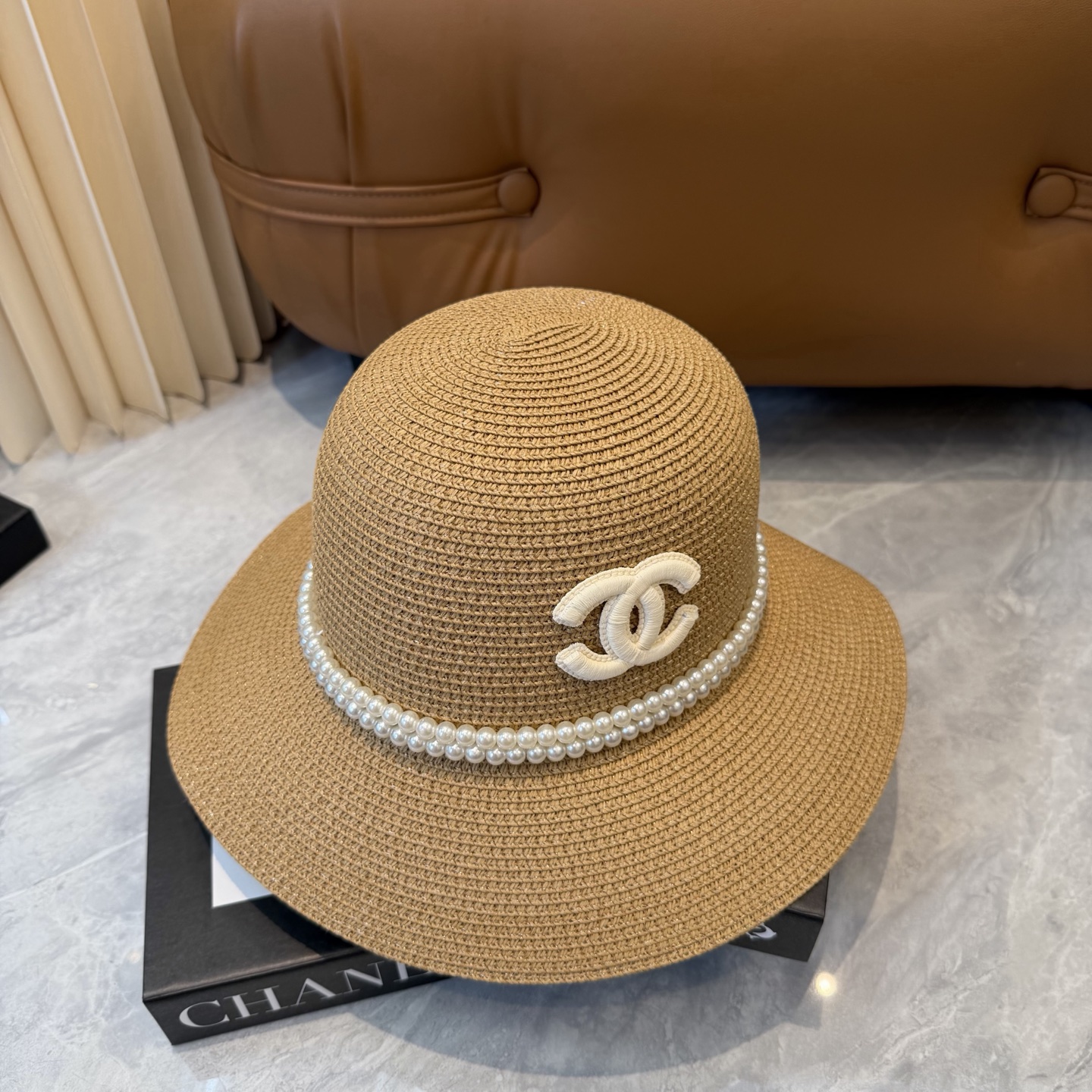 Cha香奈儿新款珍珠链盆帽草帽，小清新，头围57cm