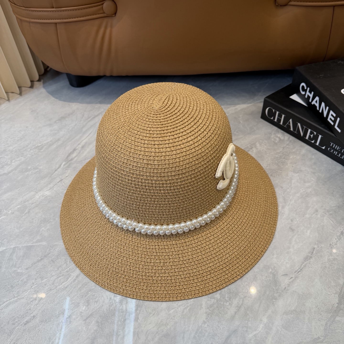 Cha香奈儿新款珍珠链盆帽草帽，小清新，头围57cm