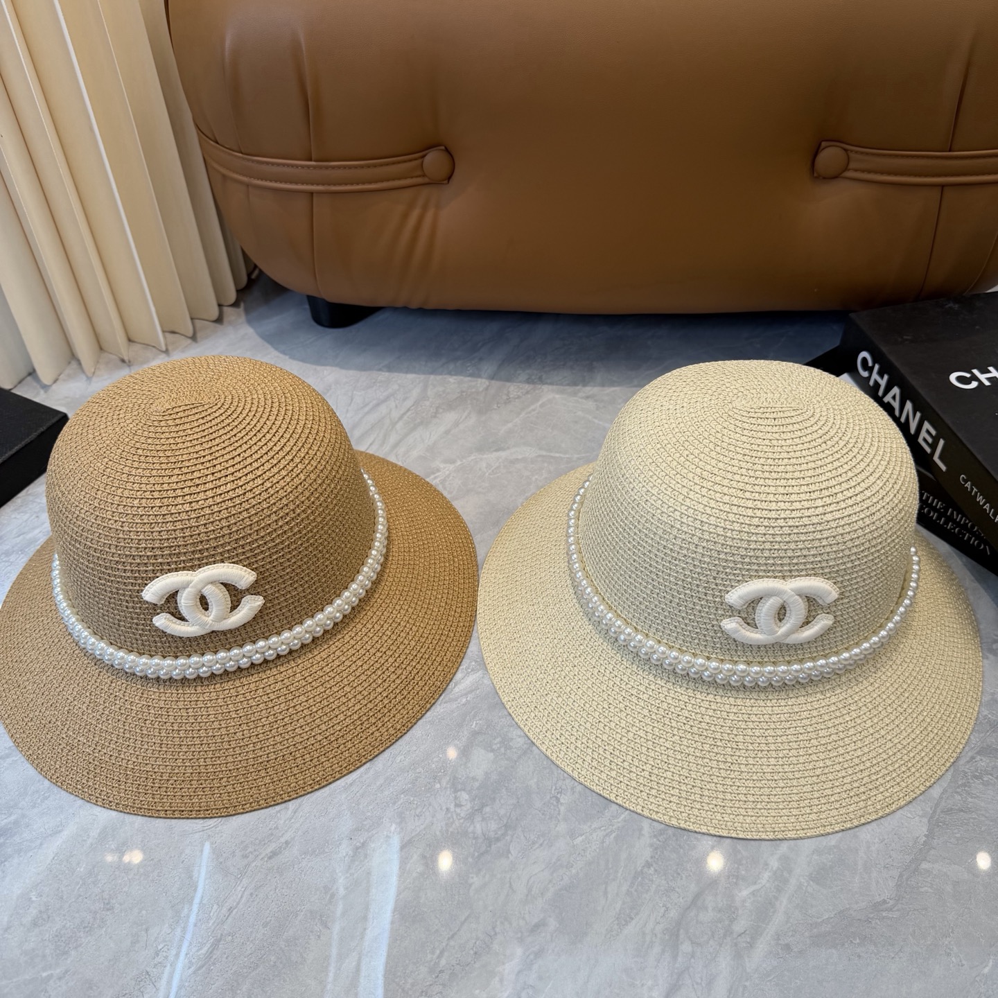 Cha香奈儿新款珍珠链盆帽草帽，小清新，头围57cm