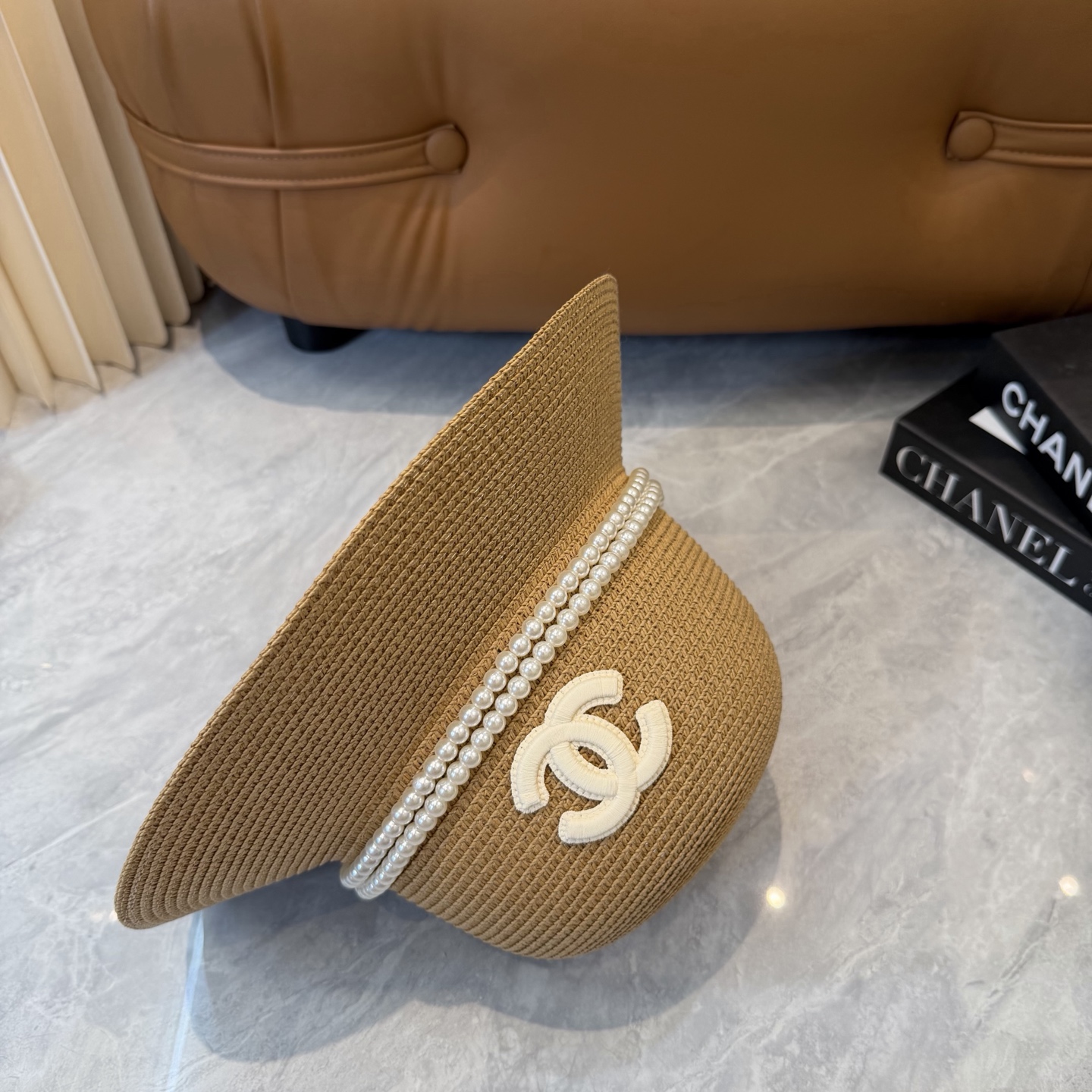 Cha香奈儿新款珍珠链盆帽草帽，小清新，头围57cm