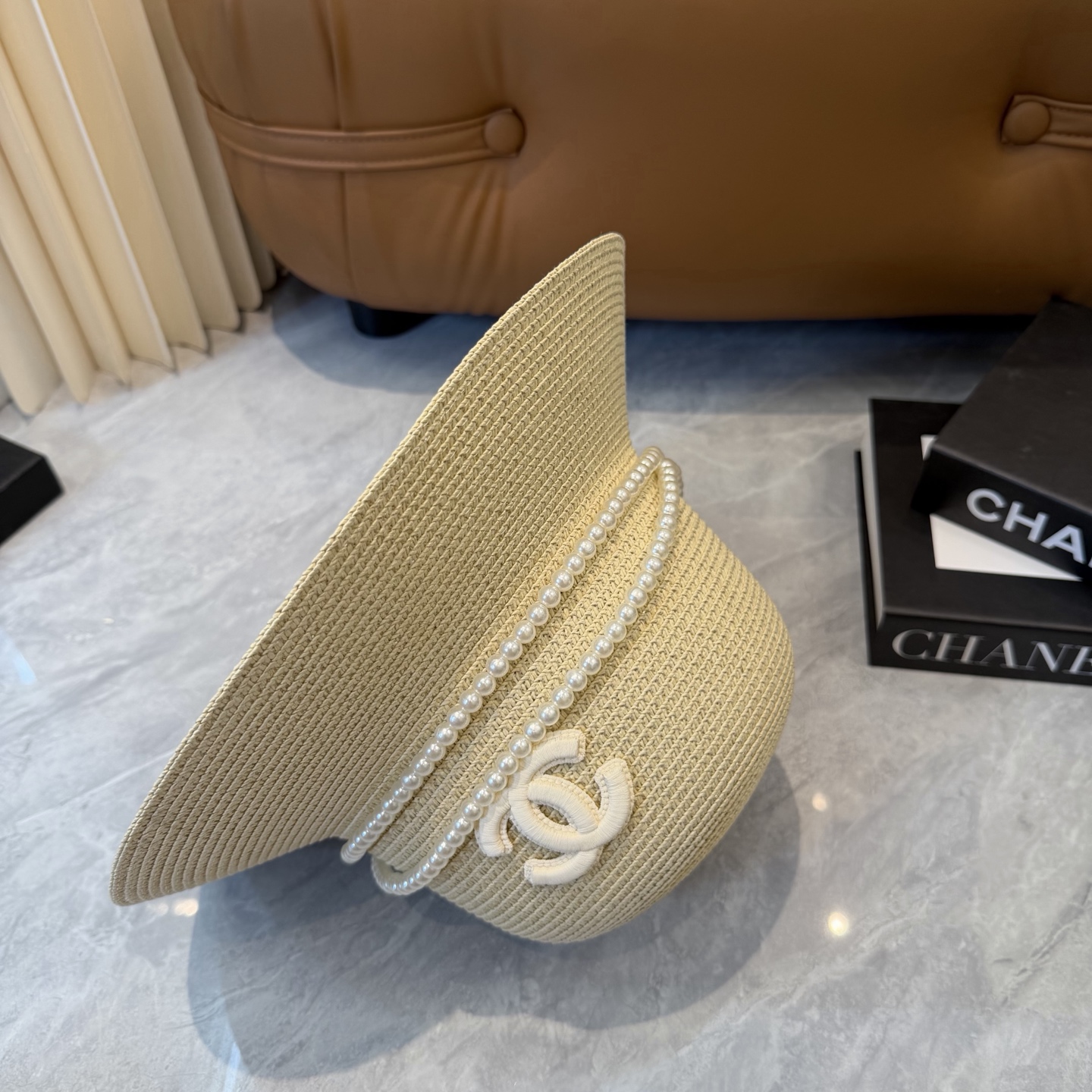 Cha香奈儿新款珍珠链盆帽草帽，小清新，头围57cm