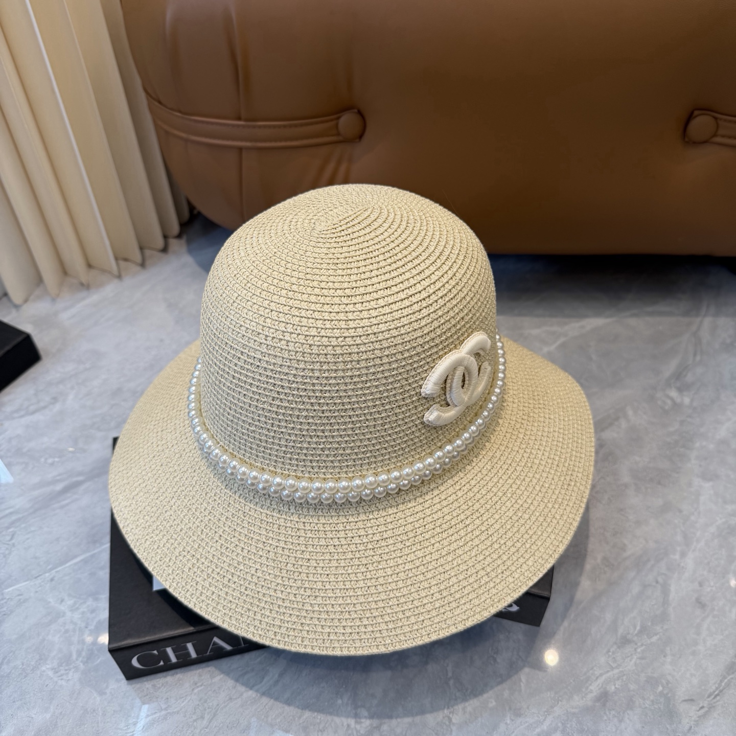 Cha香奈儿新款珍珠链盆帽草帽，小清新，头围57cm