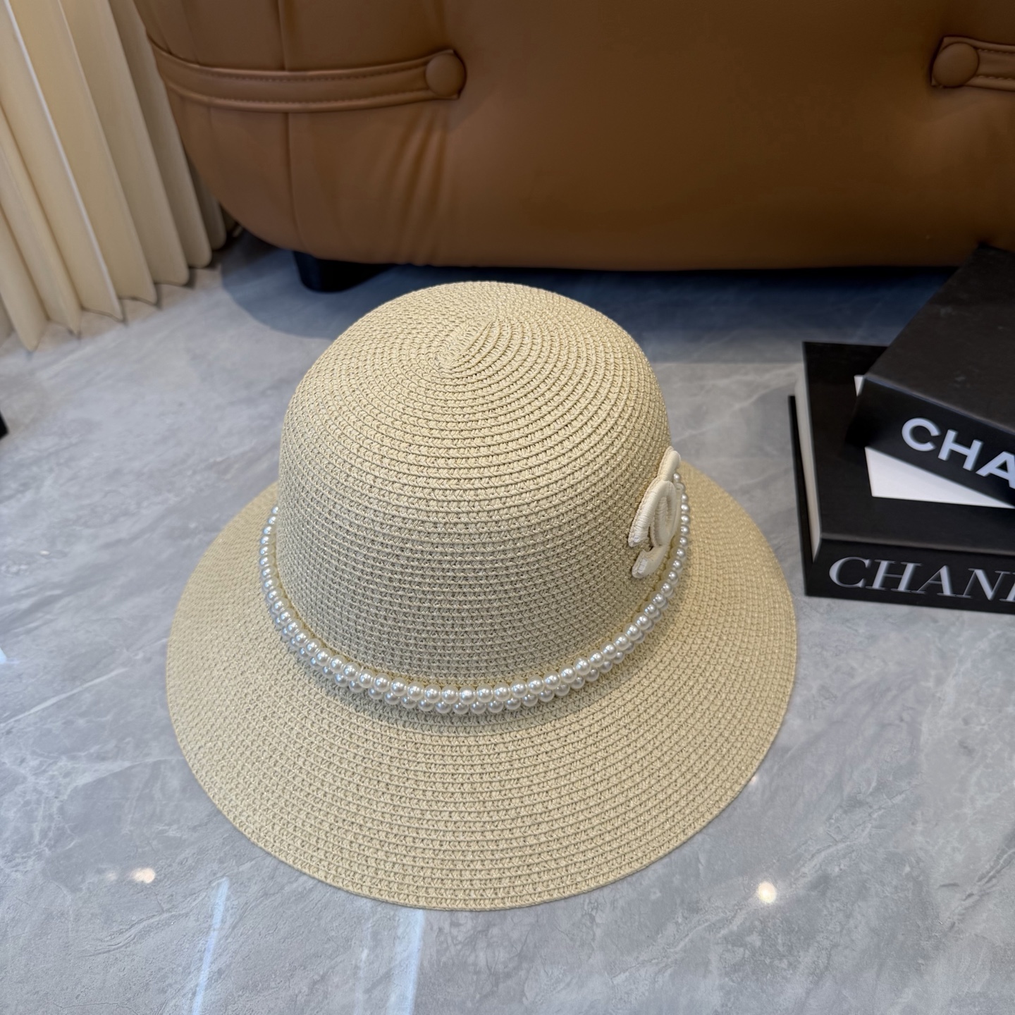 Cha香奈儿新款珍珠链盆帽草帽，小清新，头围57cm