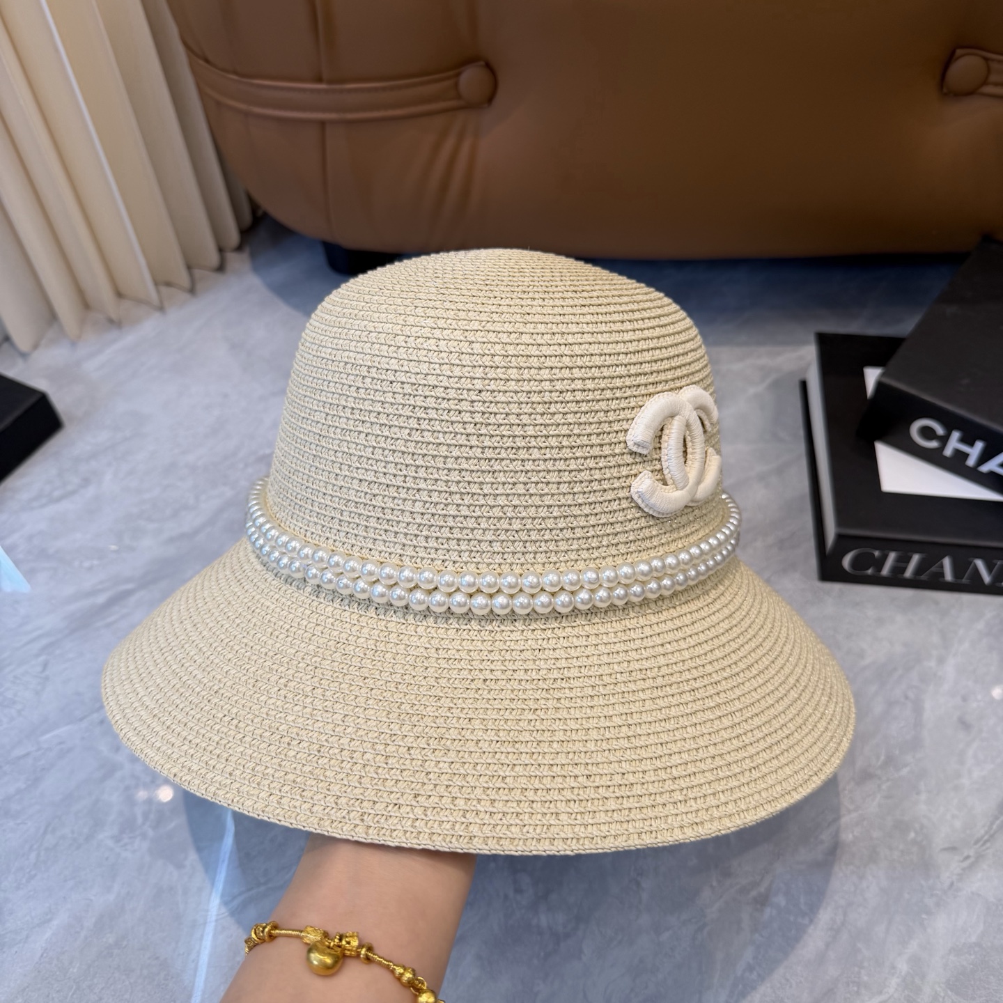 Cha香奈儿新款珍珠链盆帽草帽，小清新，头围57cm