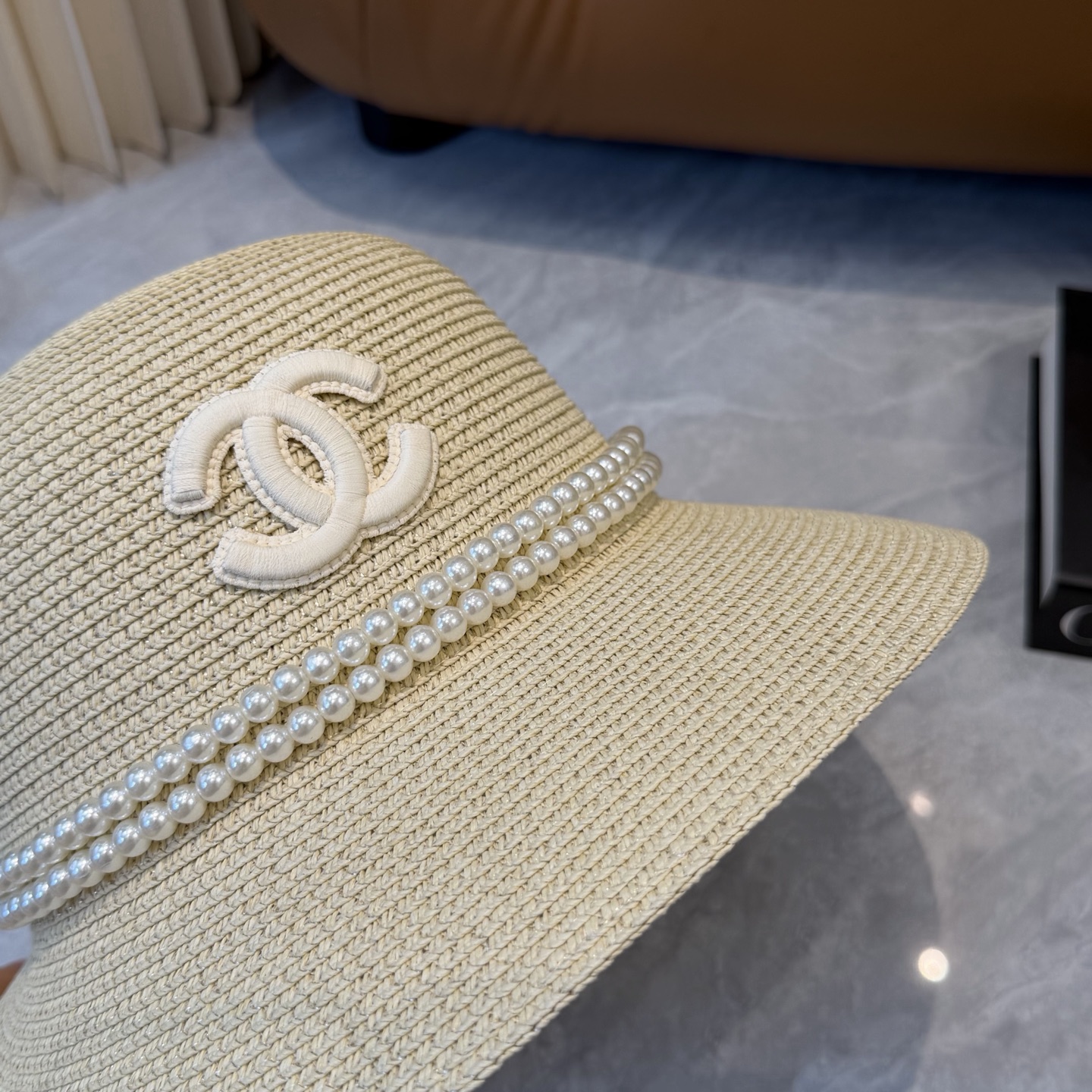 Cha香奈儿新款珍珠链盆帽草帽，小清新，头围57cm