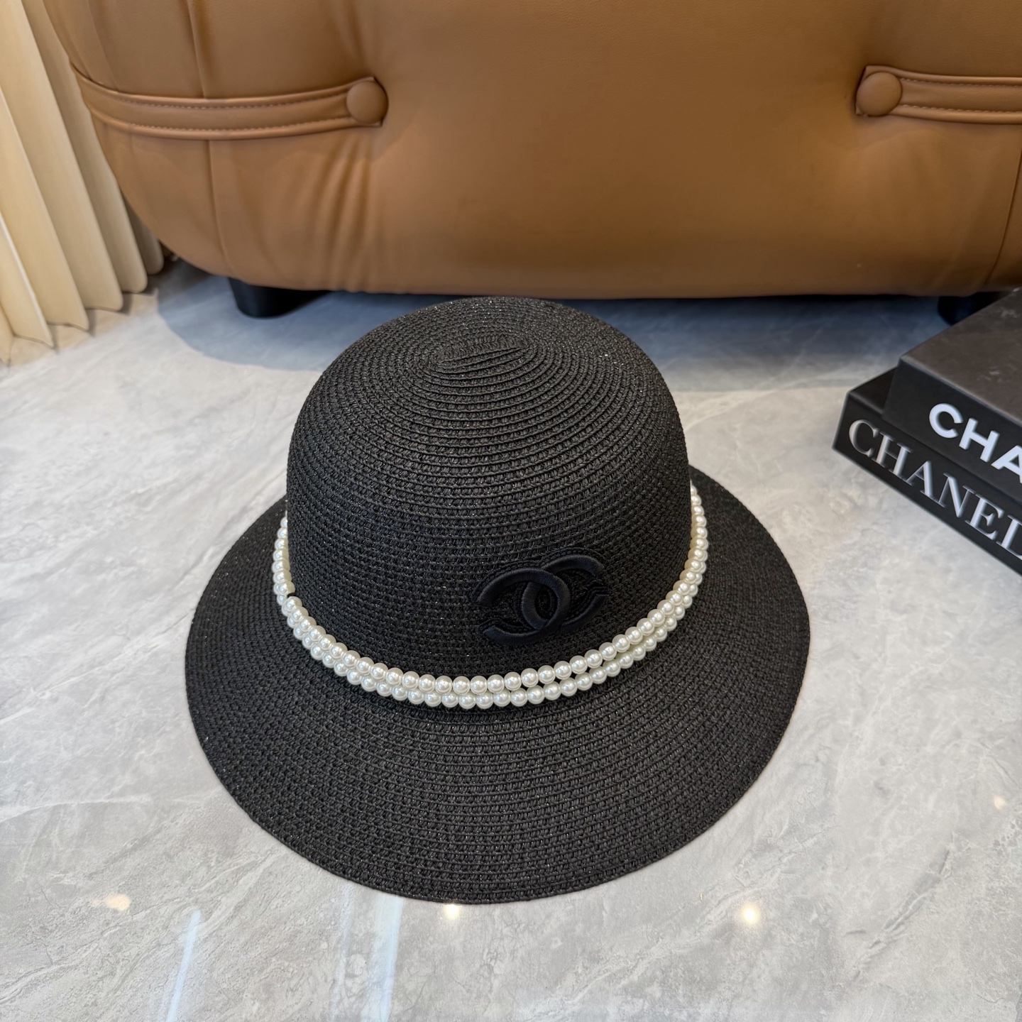 Cha香奈儿新款珍珠链盆帽草帽，小清新，头围57cm