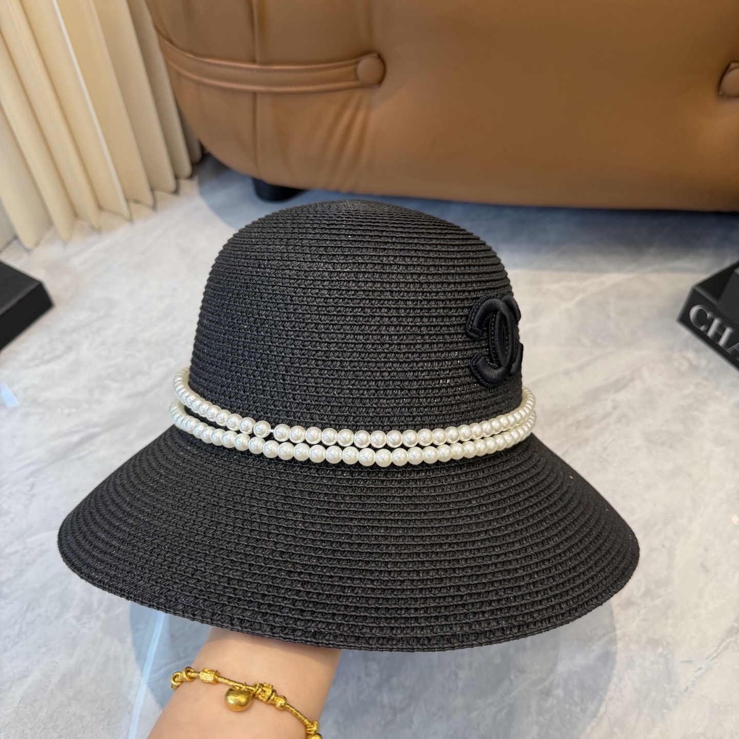 Cha香奈儿新款珍珠链盆帽草帽，小清新，头围57cm