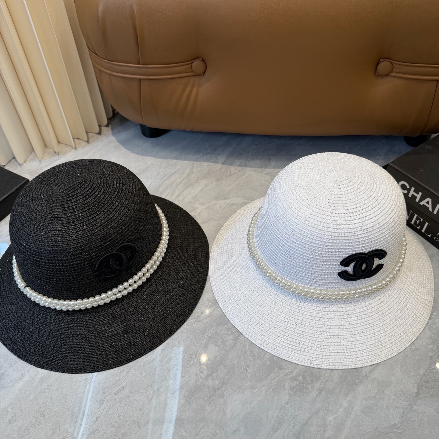 Cha香奈儿新款珍珠链盆帽草帽，小清新，头围57cm