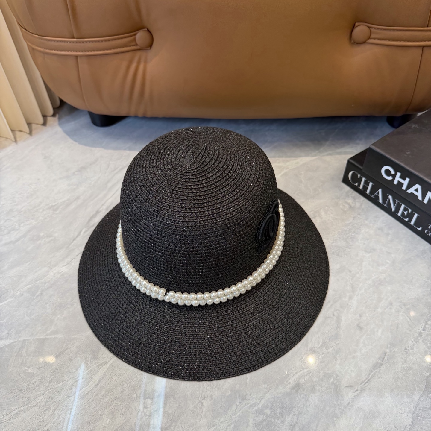 Cha香奈儿新款珍珠链盆帽草帽，小清新，头围57cm