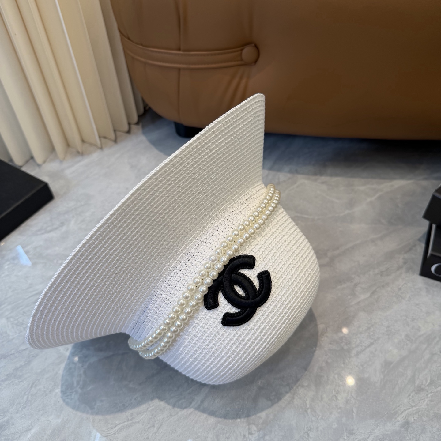 Cha香奈儿新款珍珠链盆帽草帽，小清新，头围57cm