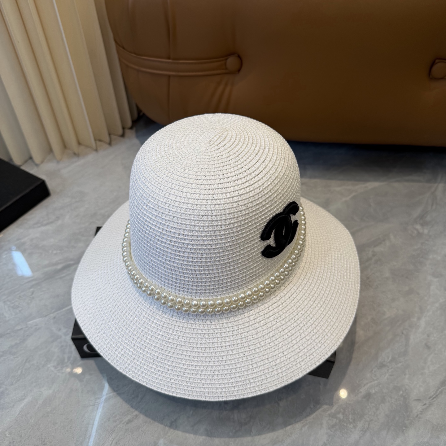 Cha香奈儿新款珍珠链盆帽草帽，小清新，头围57cm
