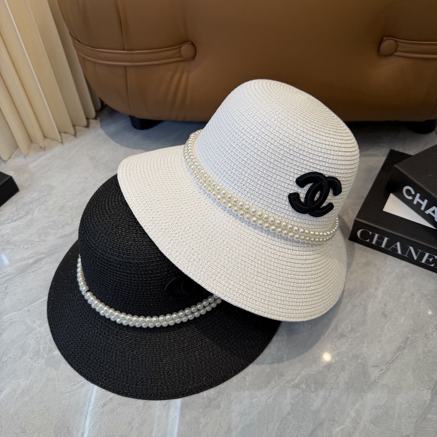 Cha香奈儿新款珍珠链盆帽草帽，小清新，头围57cm