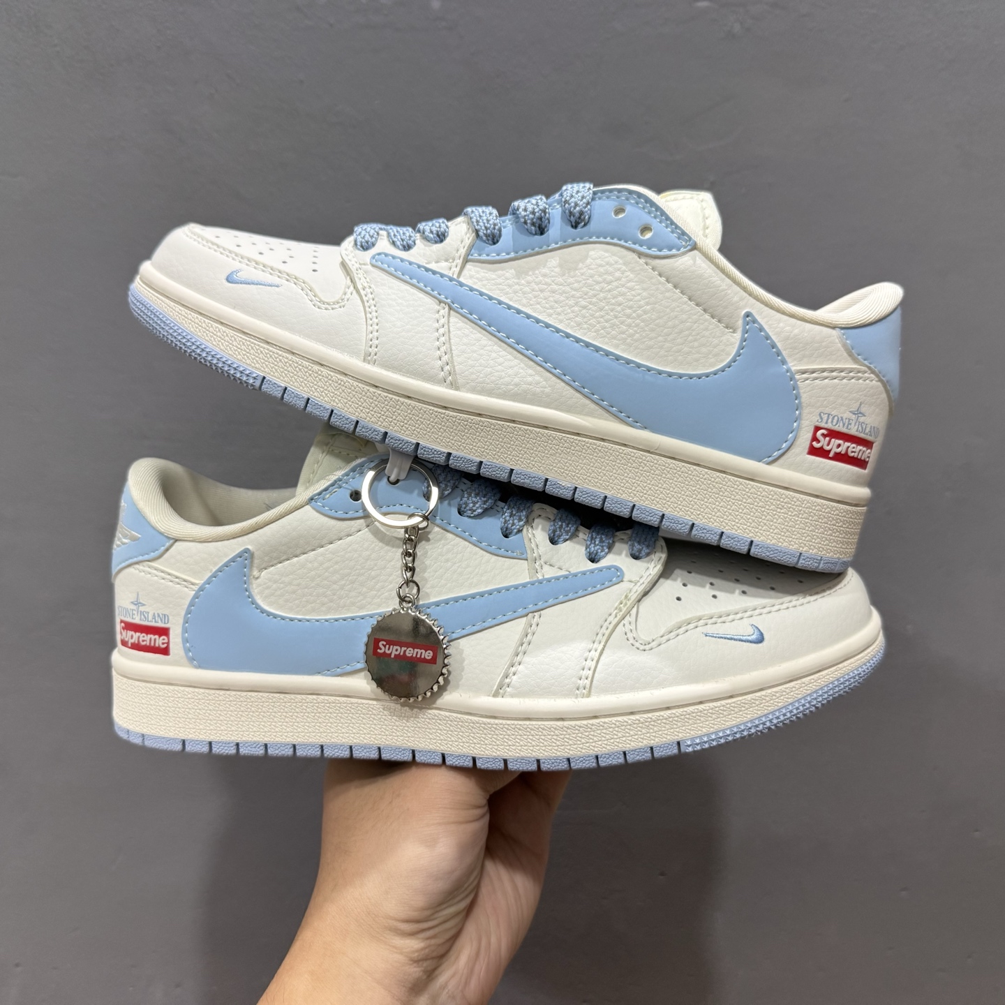 220 Travis Scott x Fragment Design x Air Jordan 1 Low OG SP AJ1 乔1石头岛联名-米白宝蓝 低帮文化休闲板鞋 BB6588-105