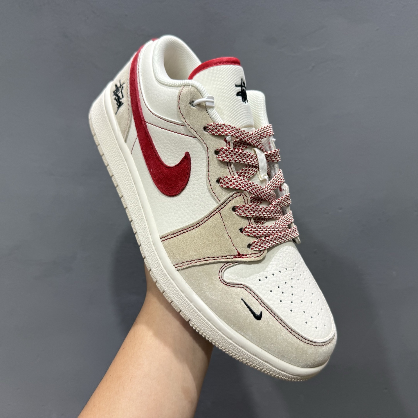独家实拍Air Jordan 1 Low Supreme联名-双拼黑勾 高端定制 低帮复古篮球鞋 SJ9950-040