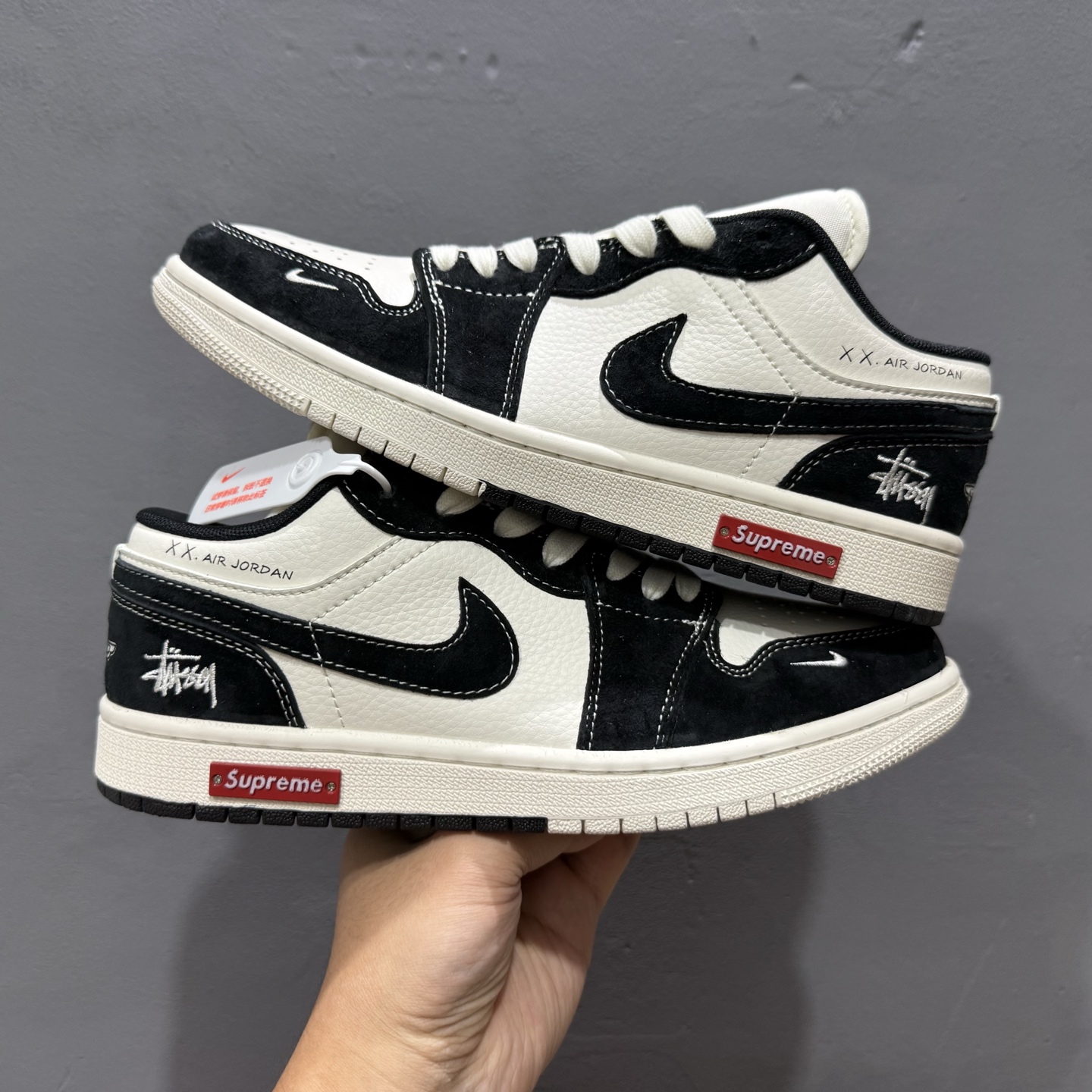 200 独家实拍Air Jordan 1 Low AJ1 乔1 斯图西联名-黑白双拼红标 高端定制 低帮复古篮球鞋 SJ9950