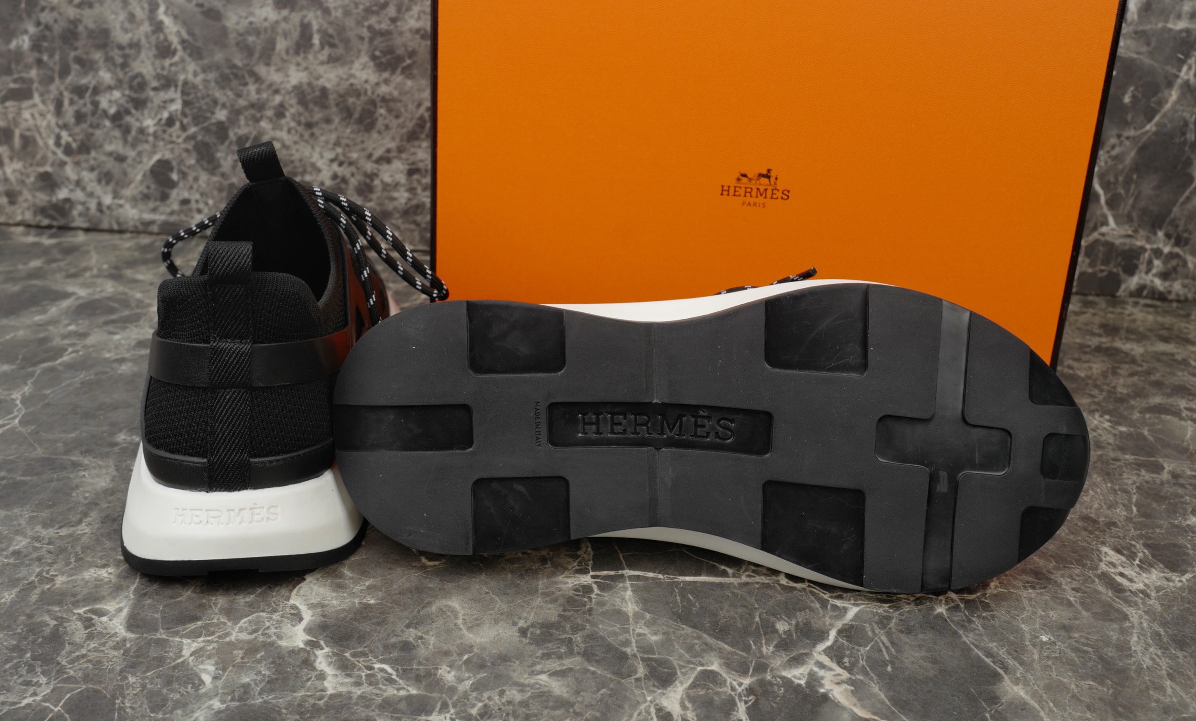 Hermes Knitted & Calfskin Sneakers with Geometric Openwork Details, Black 10 i1743938072290 4418 0 8