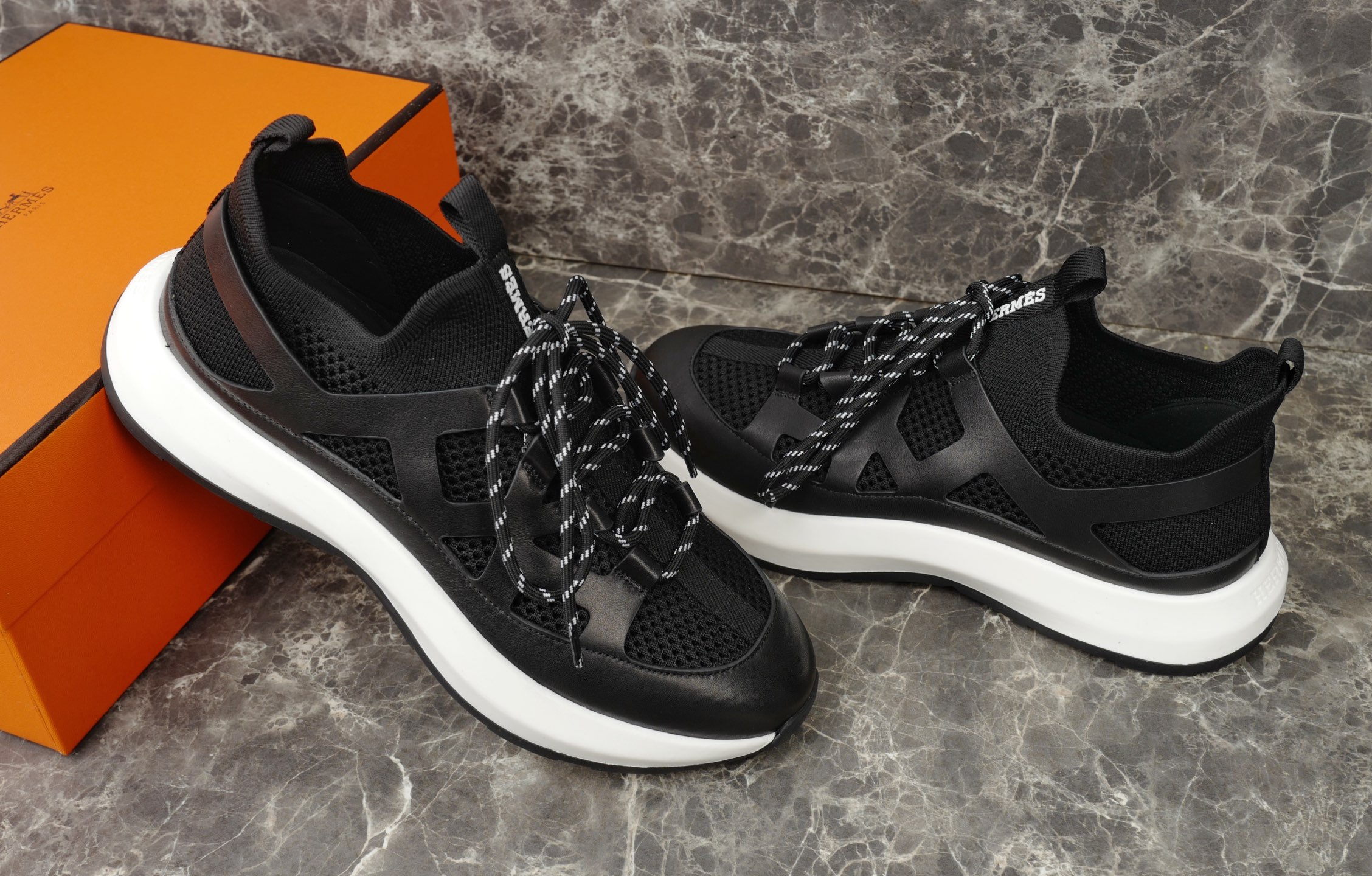 Hermes Knitted & Calfskin Sneakers with Geometric Openwork Details, Black 9 i1743938072298 5296 0 7