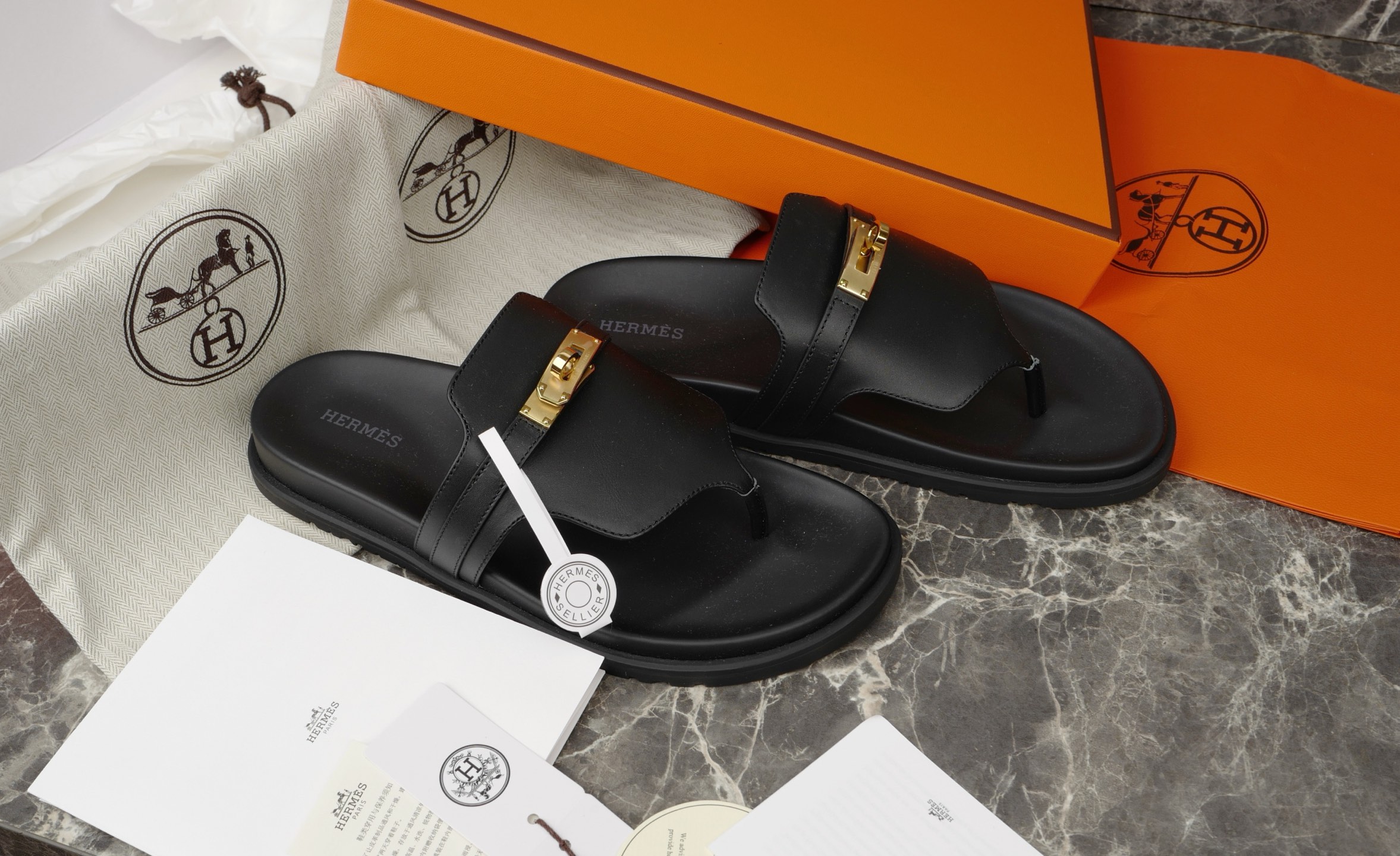 Hermès Women's Black Leather Kelly Buckle Thong Sandals Slides Size 35-42 4 i1752580467552 4255 0 2