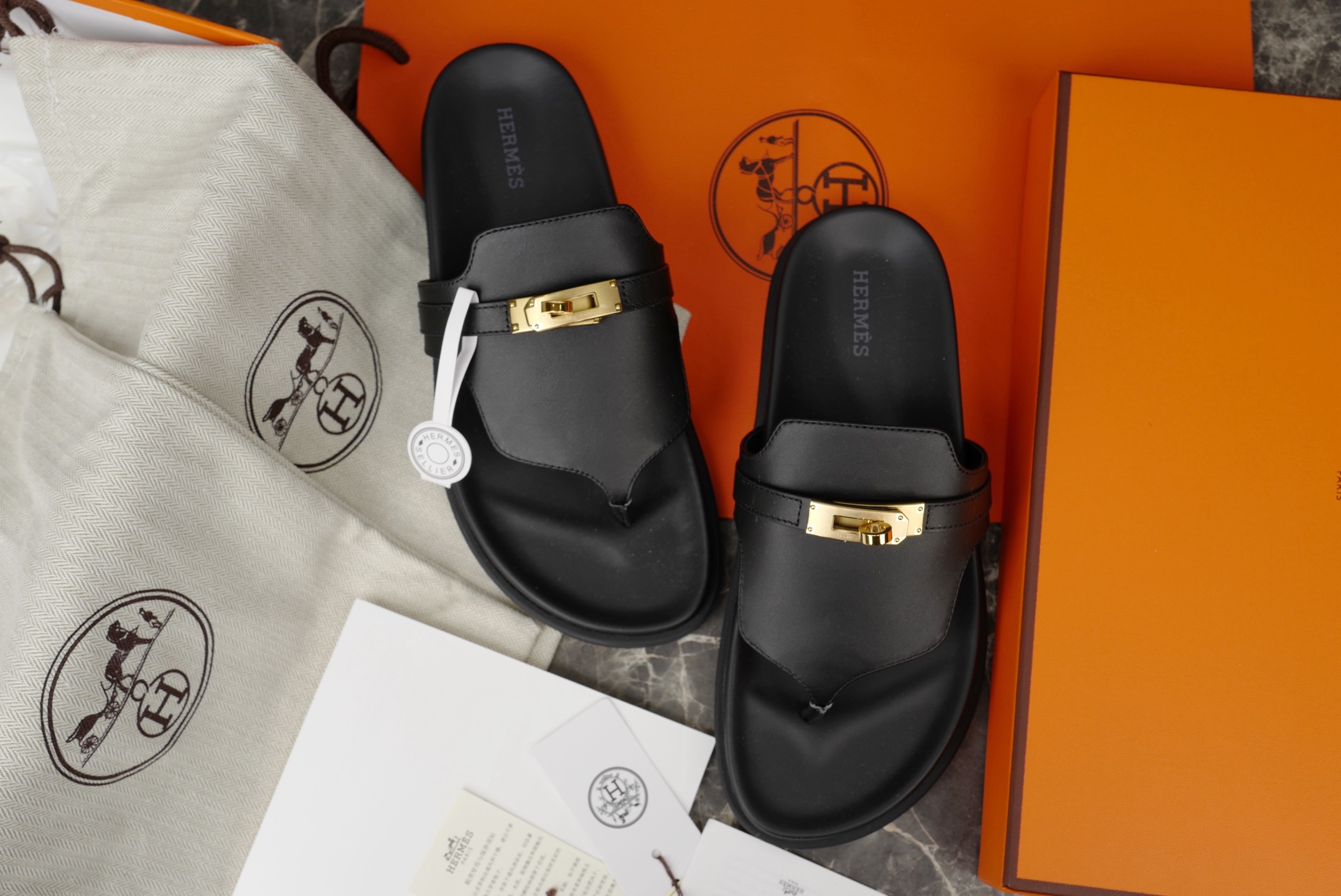 Hermès Women's Black Leather Kelly Buckle Thong Sandals Slides Size 35-42 5 i1752580467557 7762 0 3