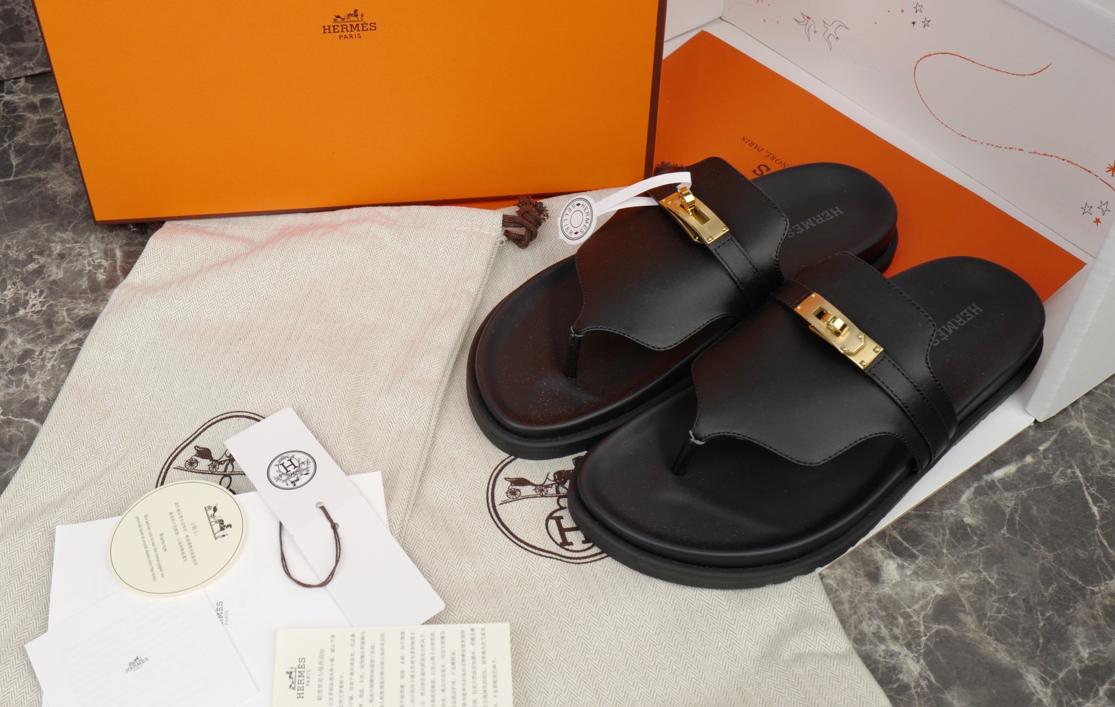 Hermès Women's Black Leather Kelly Buckle Thong Sandals Slides Size 35-42 2 i1752580467564 4939 0 0