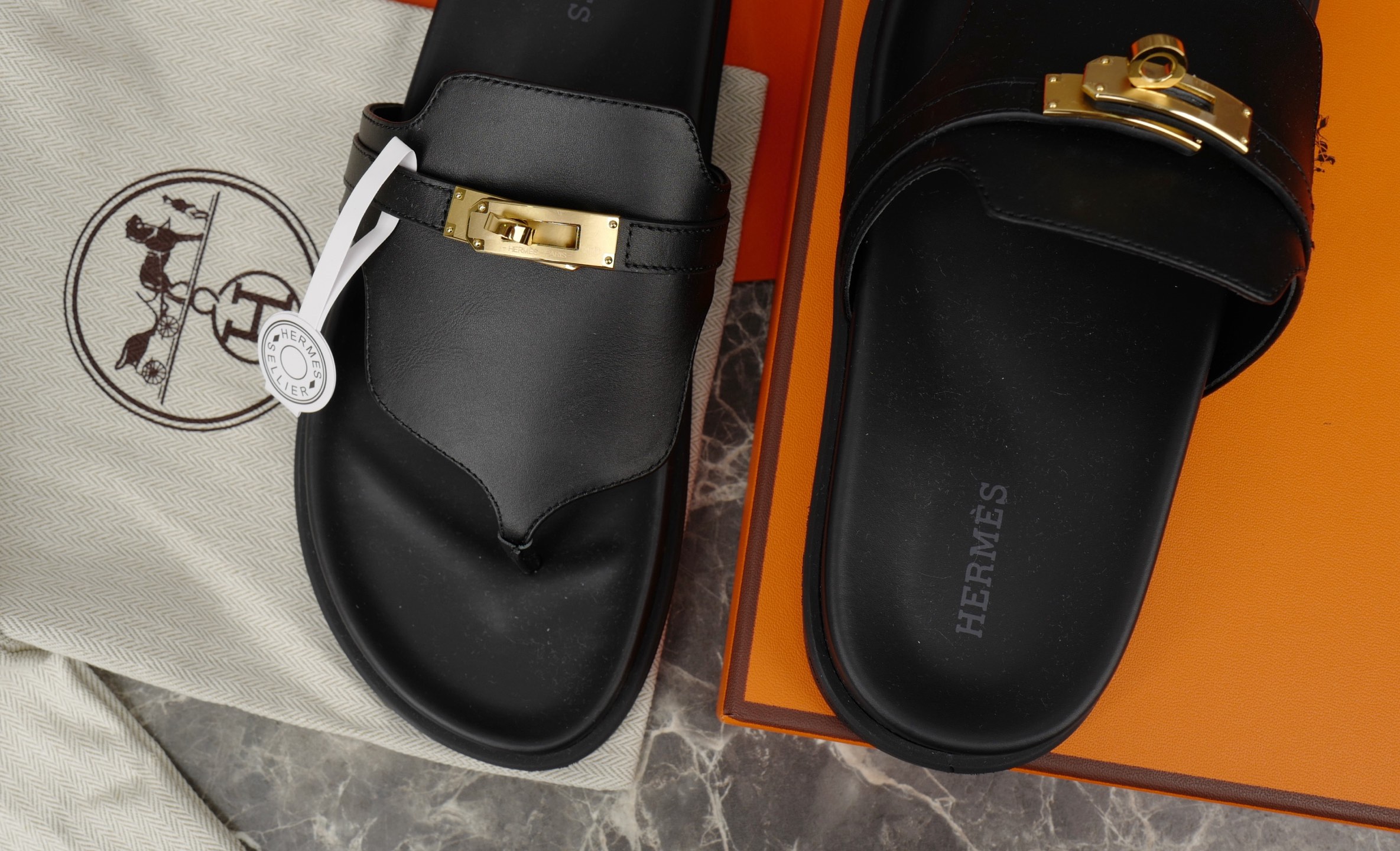 Hermès Women's Black Leather Kelly Buckle Thong Sandals Slides Size 35-42 6 i1752580467565 4279 0 4