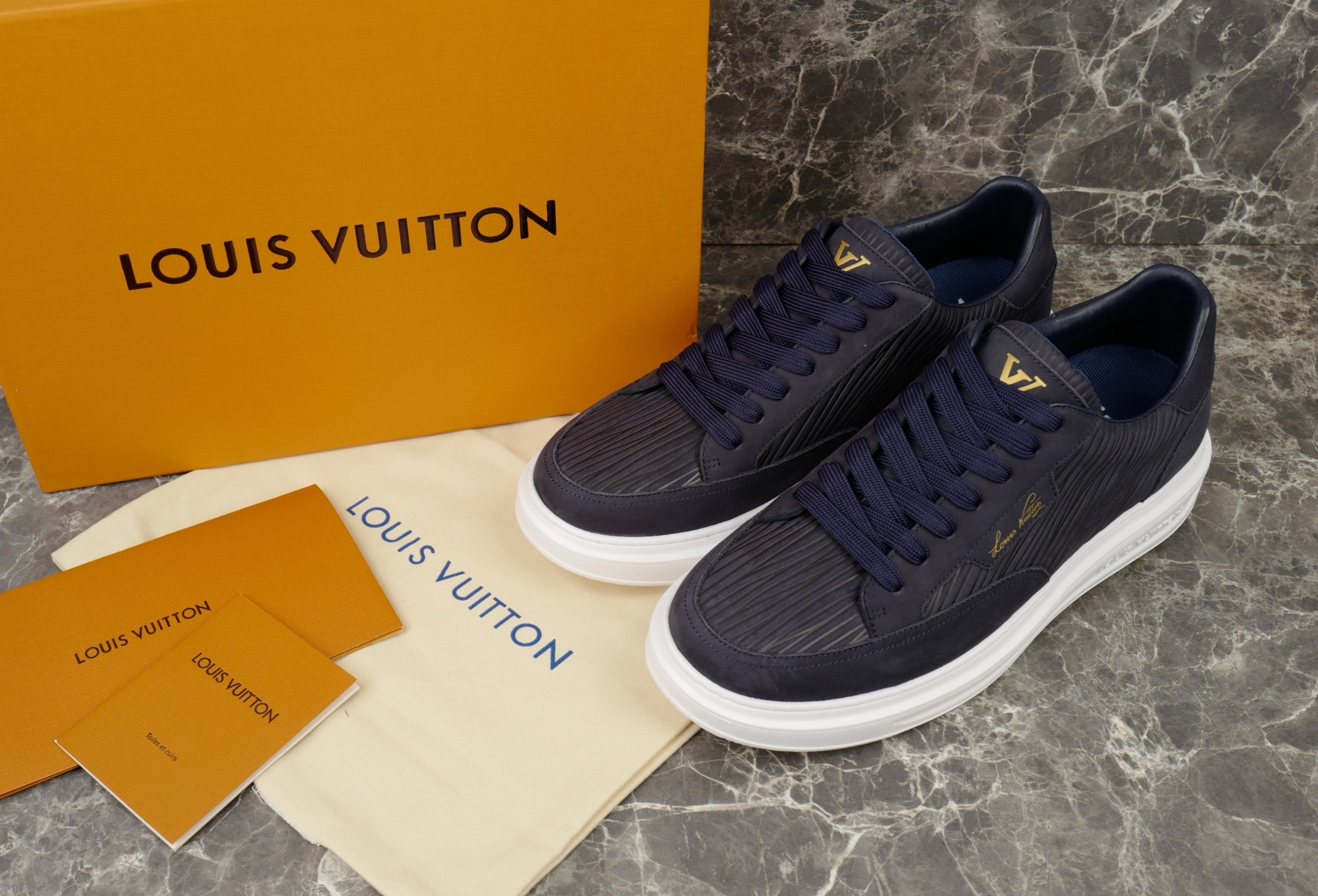 Louis Vuitton Beverly Hills Sneakers in Epi XL Suede Leather, Navy Blue 2 i1754652240159 324 0 0