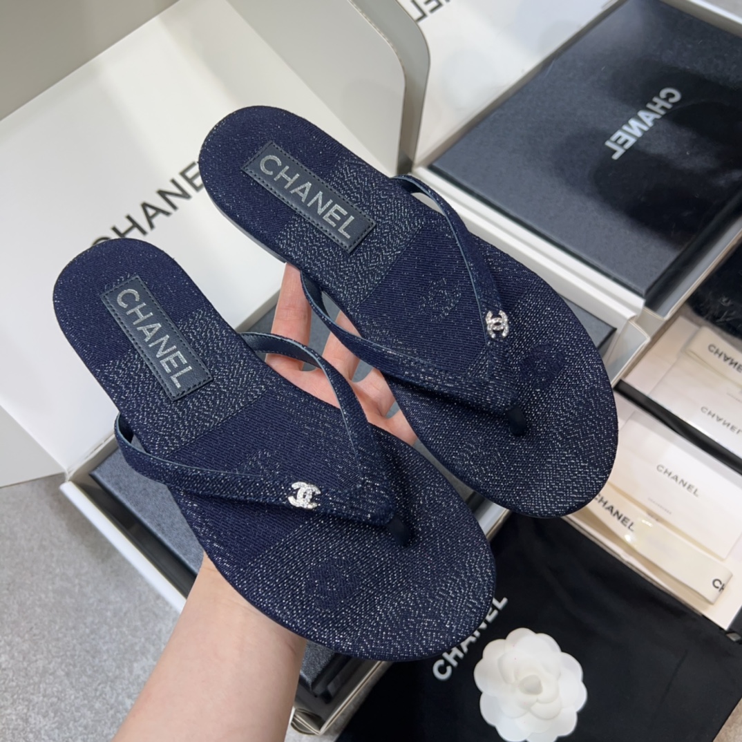 Chanel Shoes Slippers Blue Denim Set With Diamonds Genuine Leather Summer Collection