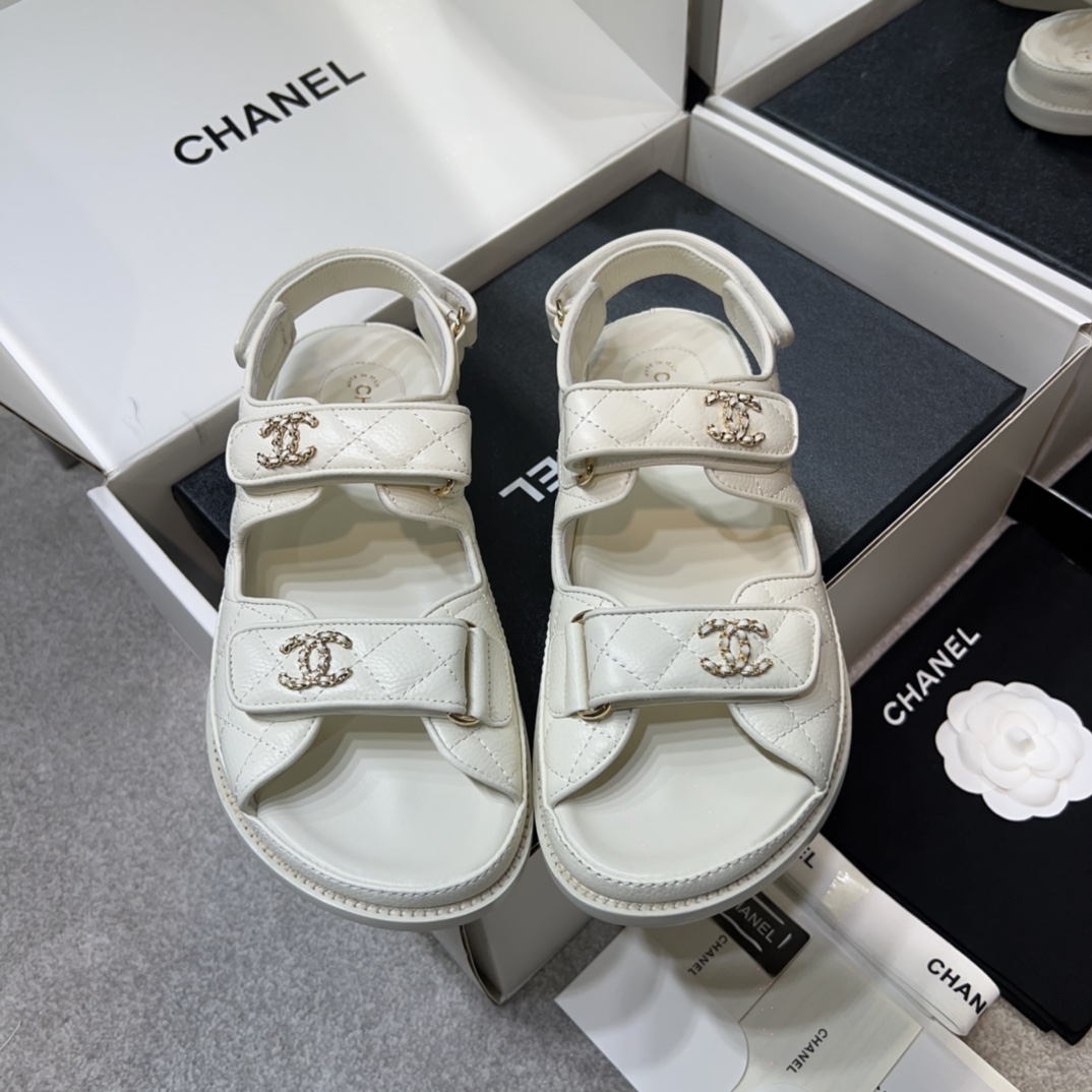 Chanel Shoes Sandals White Lychee Pattern Gold Hardware Calfskin Cowhide Genuine Leather Sheepskin Beach