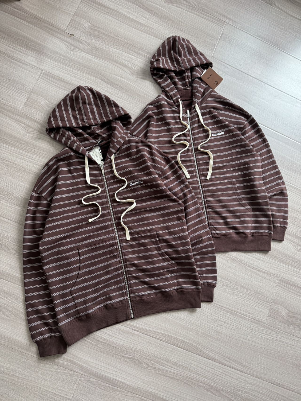 Miu Miu Brown Striped Cotton Full-Zip Hoodie Unisex Sweatshirt 2 a1760412040577 7340