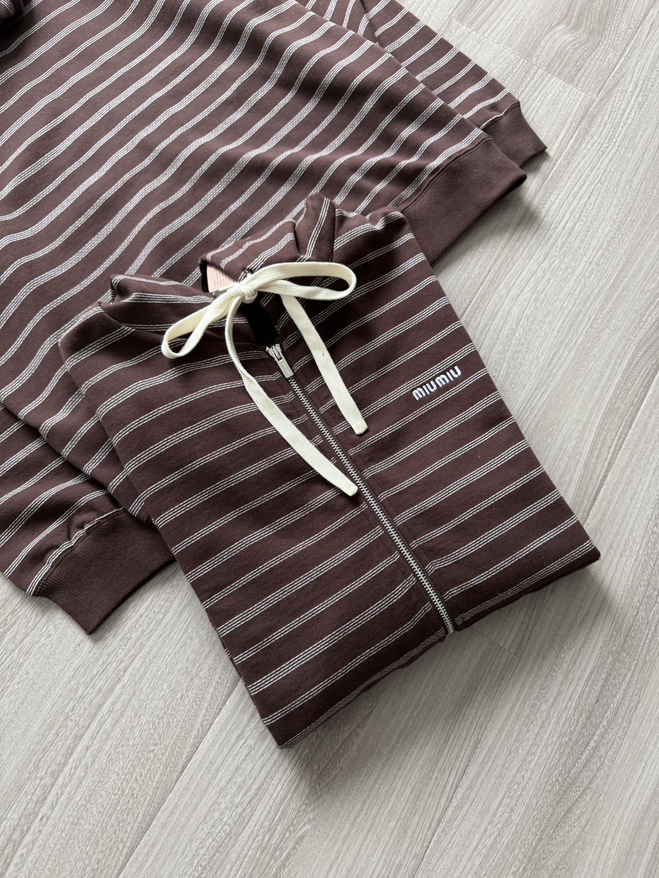 Miu Miu Brown Striped Cotton Full-Zip Hoodie Unisex Sweatshirt