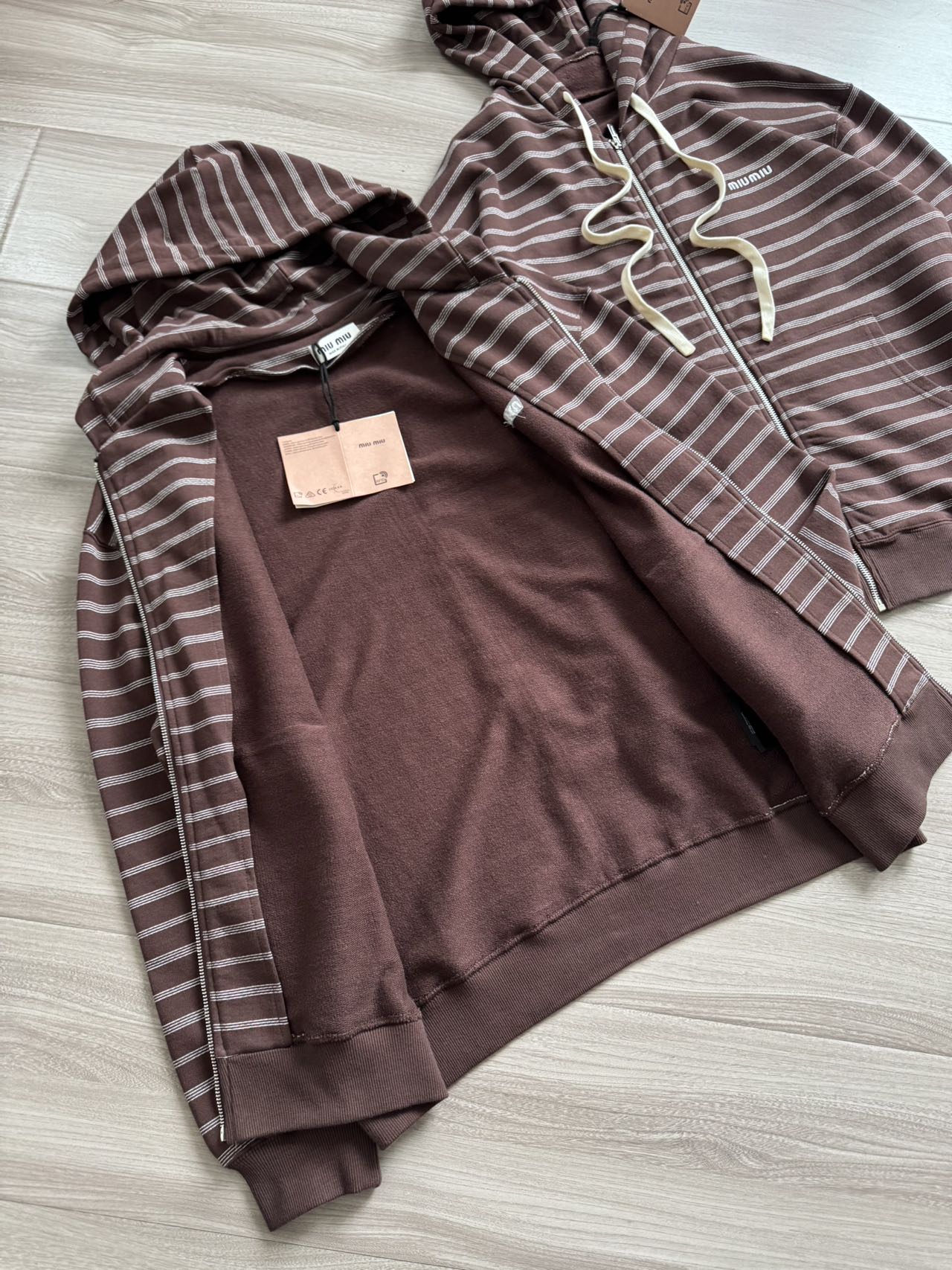 Miu Miu Brown Striped Cotton Full-Zip Hoodie Unisex Sweatshirt 4 a1760412040620 6056