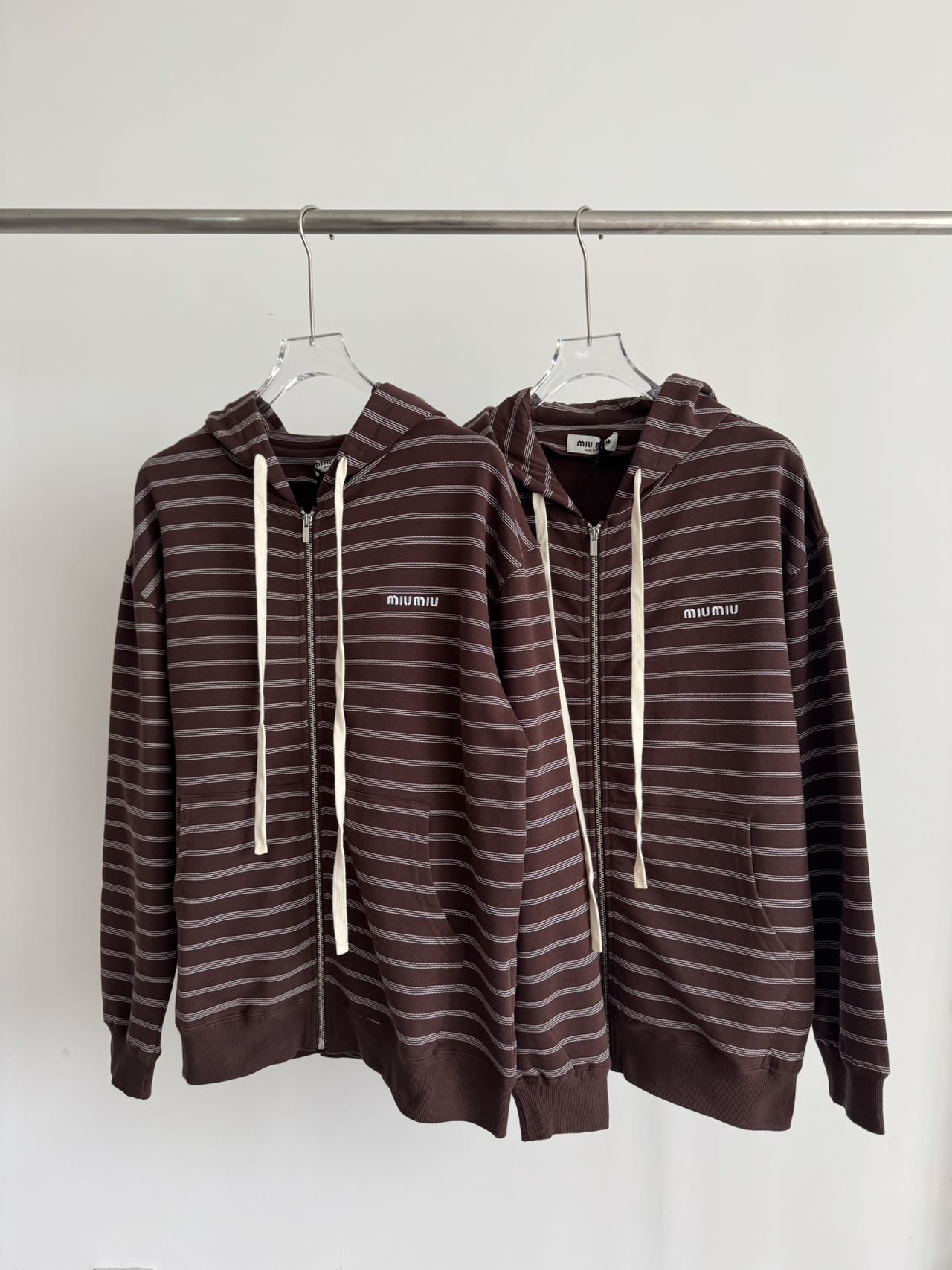 Miu Miu Striped Full-Zip Hoodie Brown/White Unisex Cotton Blend Sweatshirt