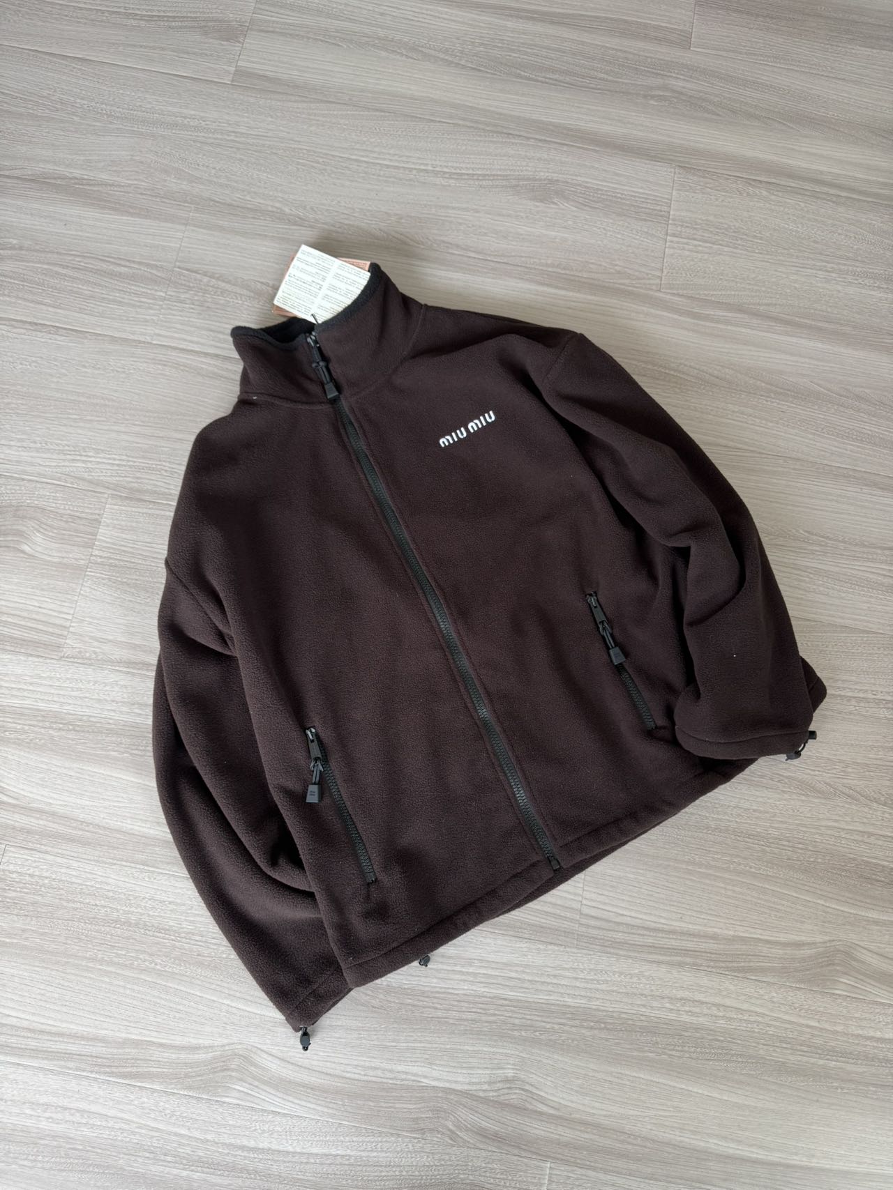 Miu Miu Brown Fleece High Neck Jacket Slim Fit Unisex Style