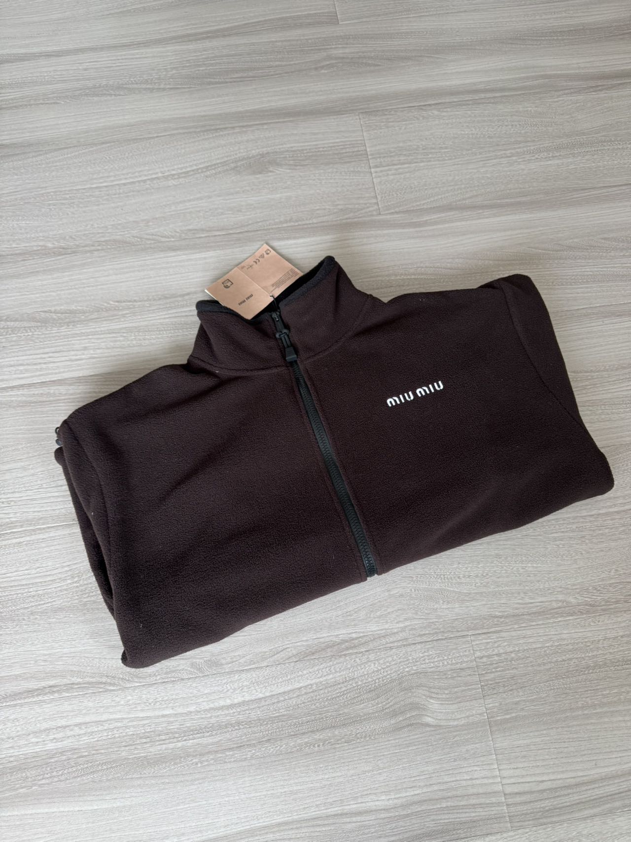 Miu Miu Chocolate Brown Fleece Jacket Stand Collar Lightweight Warm Unisex