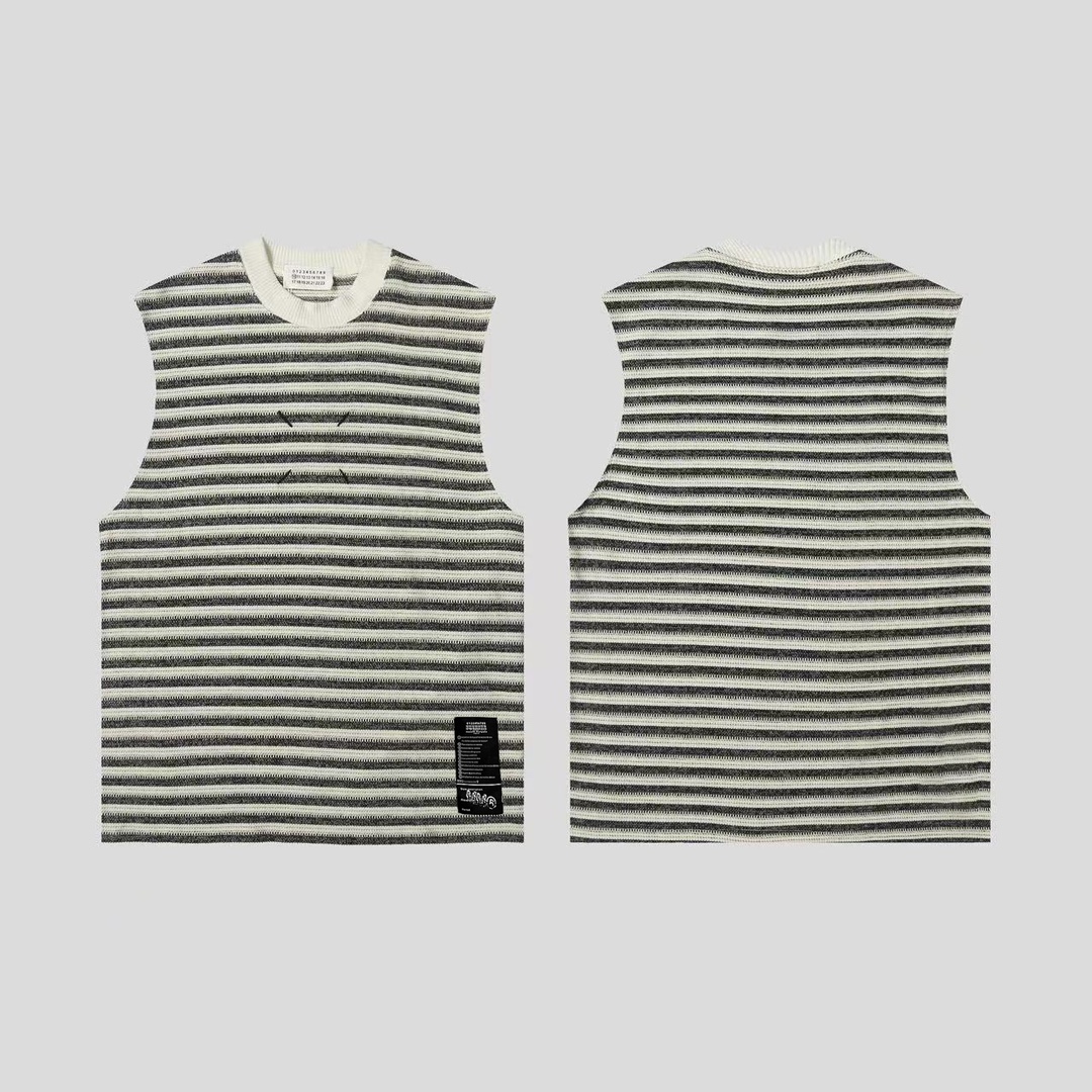 Chaleco de punto con rayas de diseñador Margiela MM6 24SS, logotipo cosido a mano, manga corta de doble hilo, tallas SM…