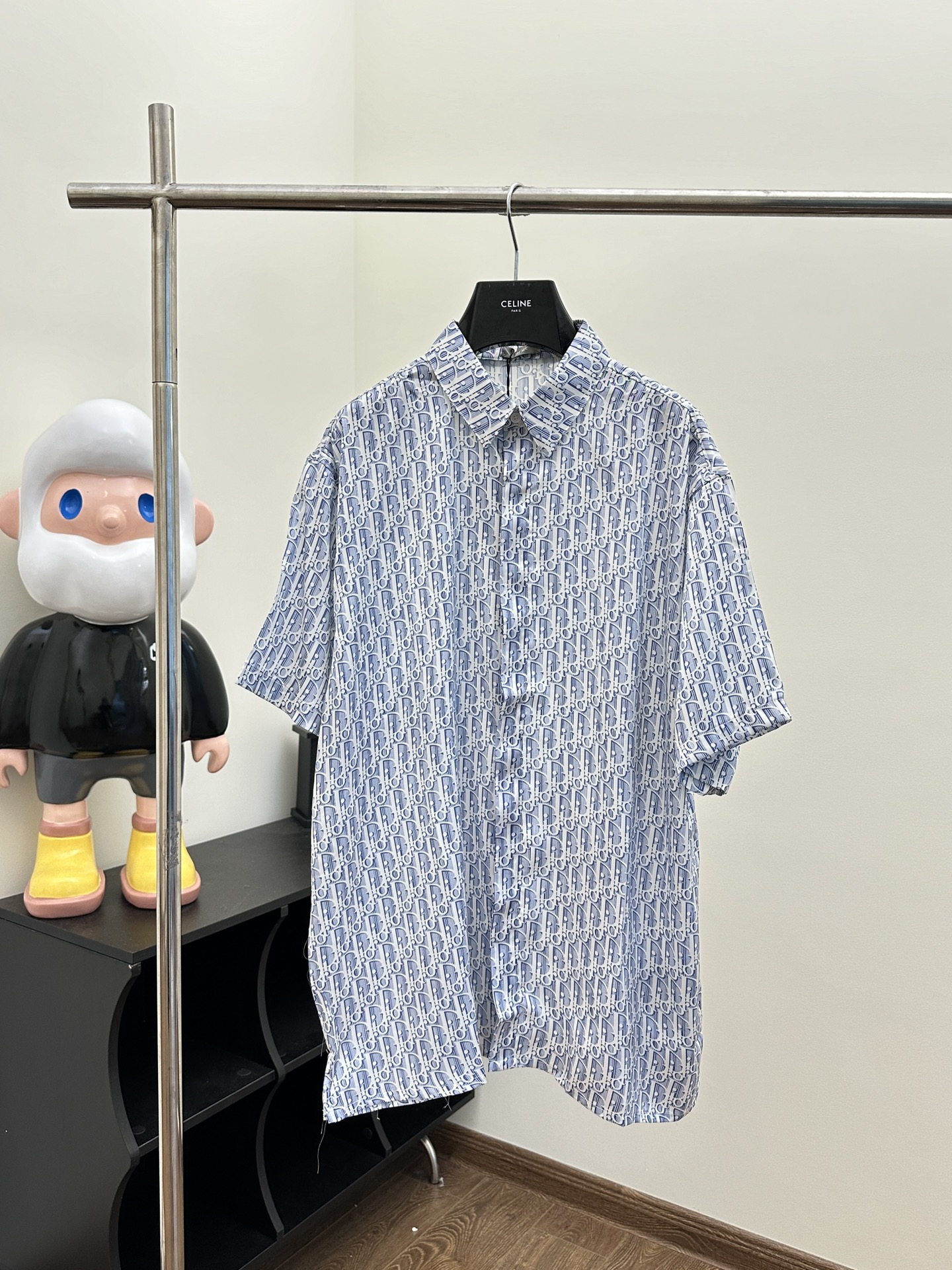 Camisa de manga corta con estampado Oblique y rayas en tejido de sarga de seda de morera azul Dio/Dior Talla: 39/40/41/…
