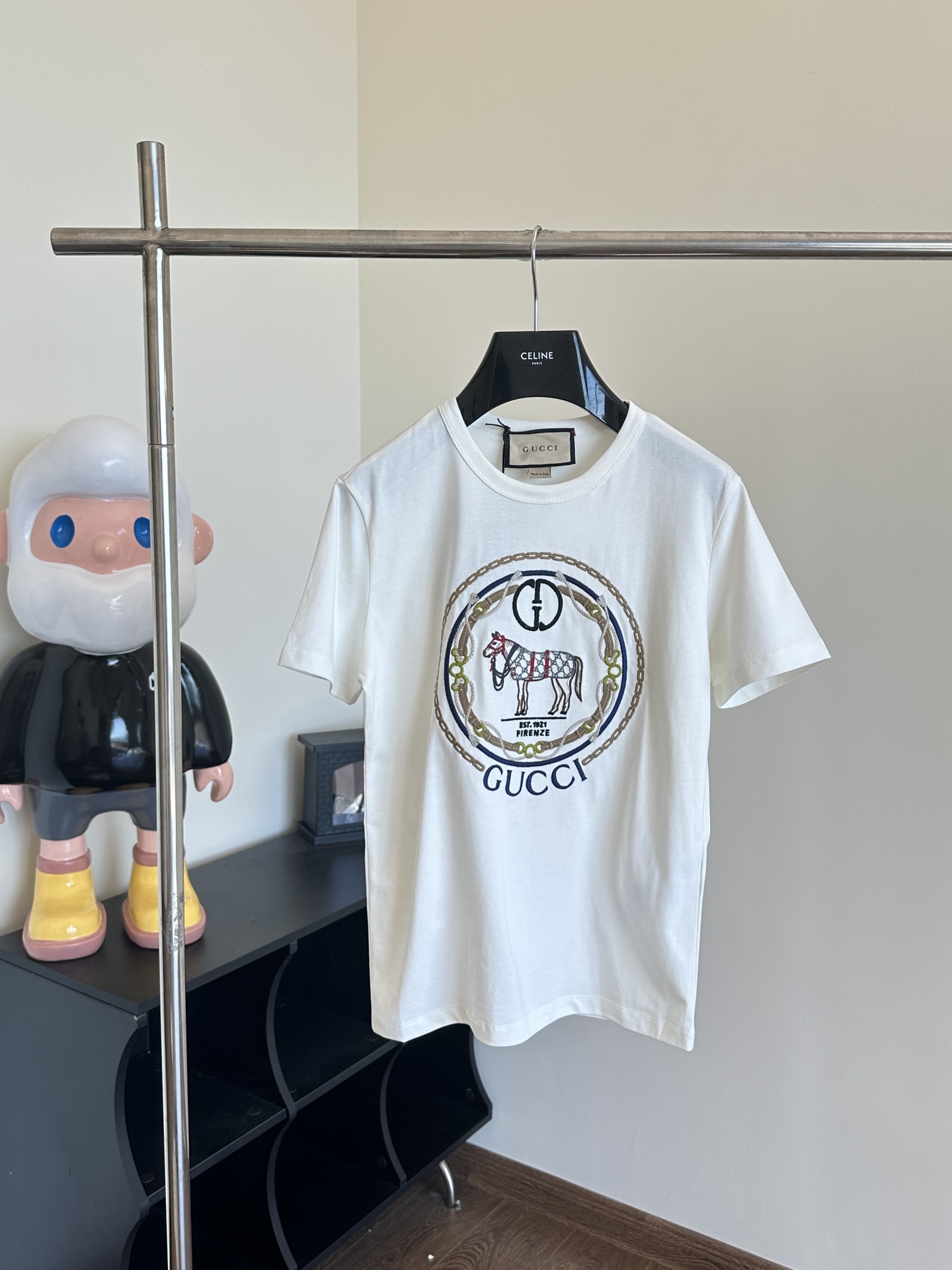 Gucc*/Gucci 24 camiseta de manga corta de cuello redondo holgado con bordado de doble G y caballo Talla: S/M/L Tejido d…