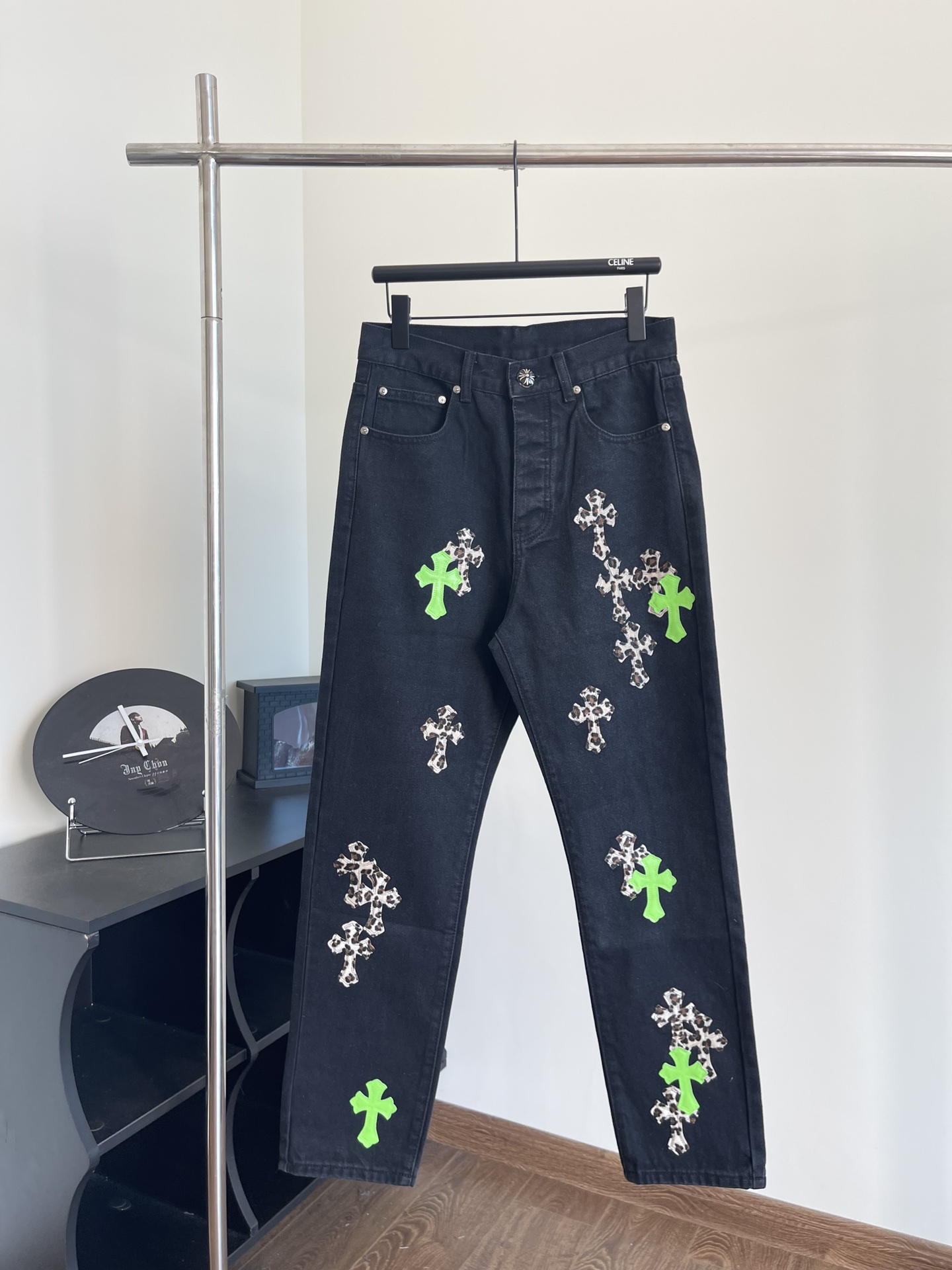 Chrome Hearts Clothing Jeans Black Green Leopard Print