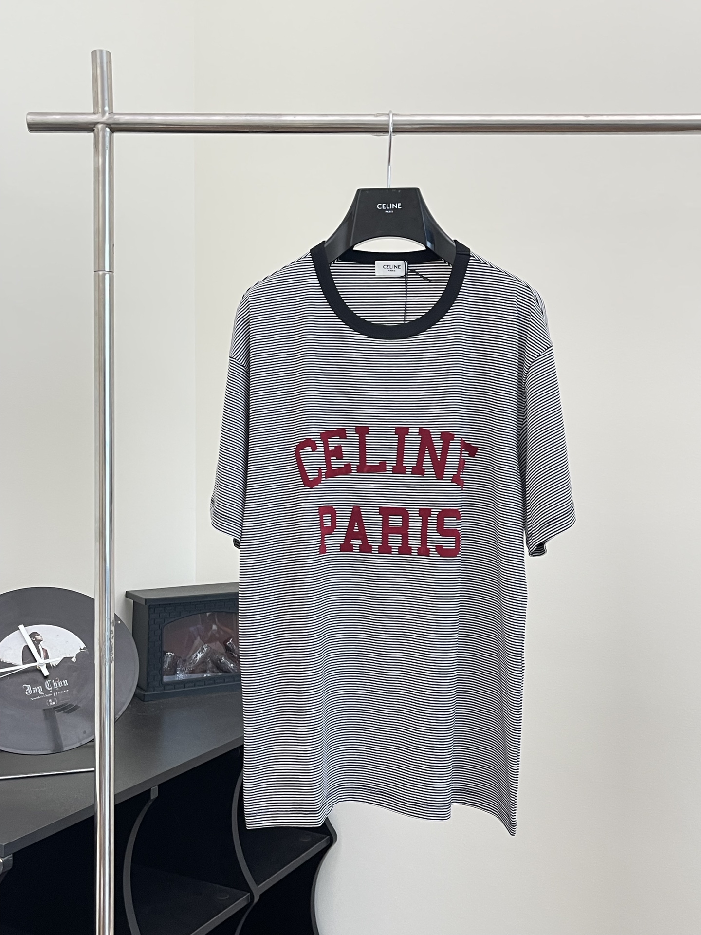Celin*/Céline 24SS camiseta de manga corta con estampado de flocado de rayas nueva para primavera/verano, Tallas: S/M/L…