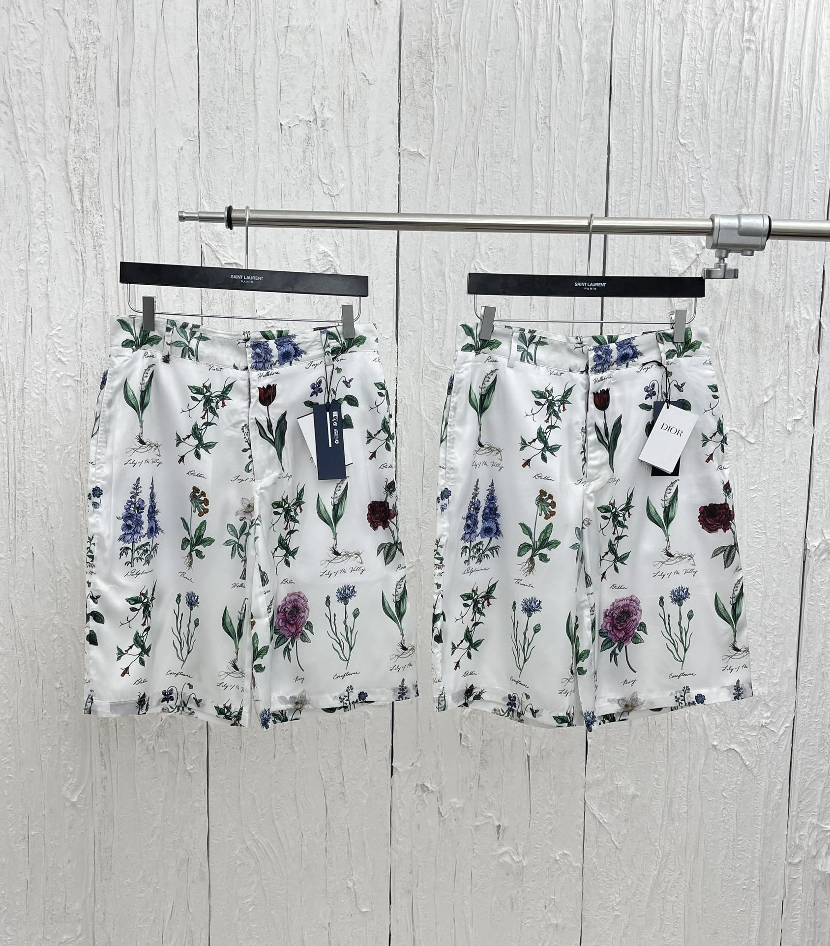 Dio*/Dior 24SS primavera y verano nuevos pantalones cortos de traje de seda de morera con arte floral Talla: 46-S/48-M/…