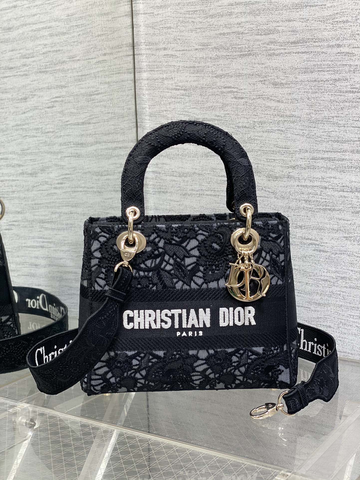 DIOR Lady Dior Lace Embroidered Handbag