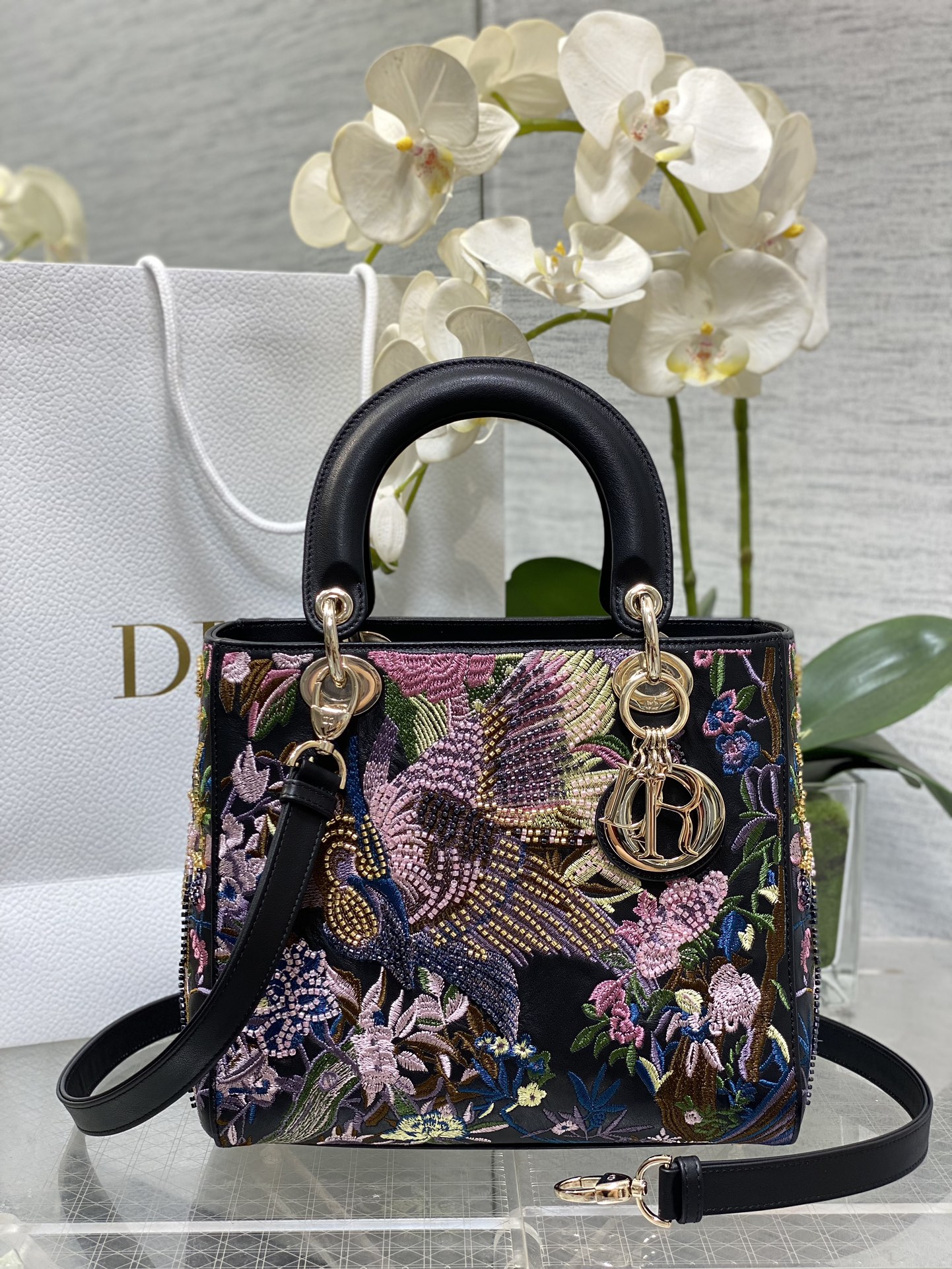 Dior Lady Black floral beaded embroidery shoulder everyday