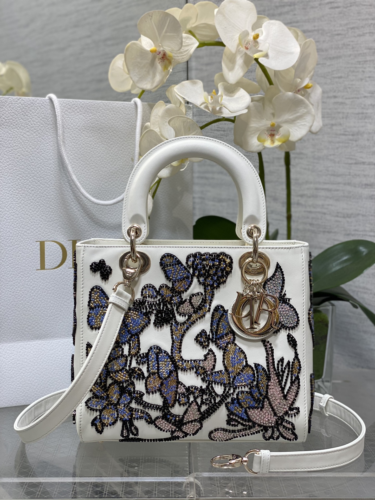 Dior Lady White with beaded butterfly embroidery shoulder everyday