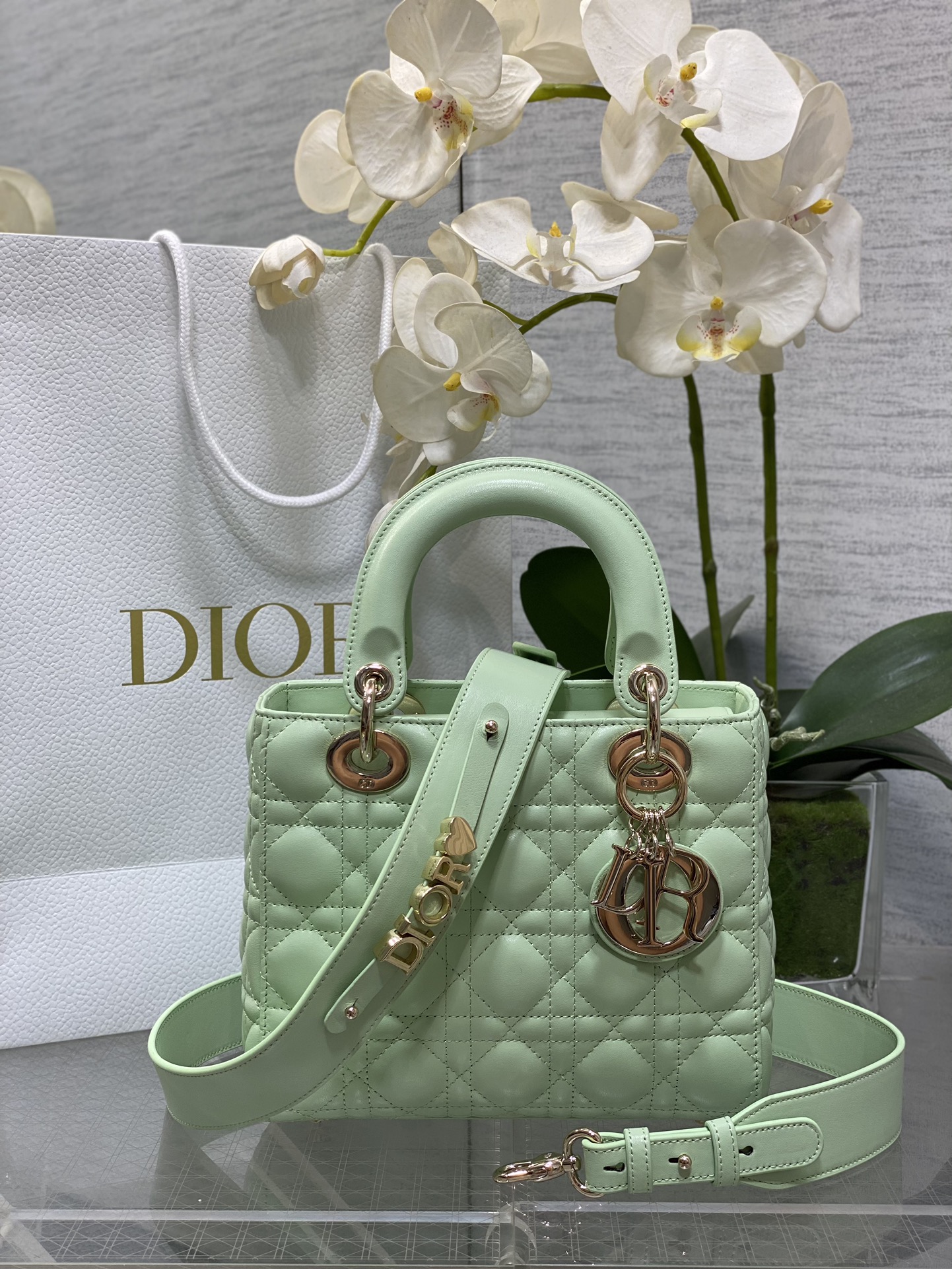 𝐋𝐚𝐝𝐲 cuatro compartimentos en verde menta, piel de cordero, dorado claro