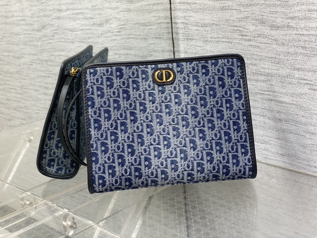 Dior Borse Pochette Blu Tannin Unisex Pelle di vitello Tela bovina Oblique