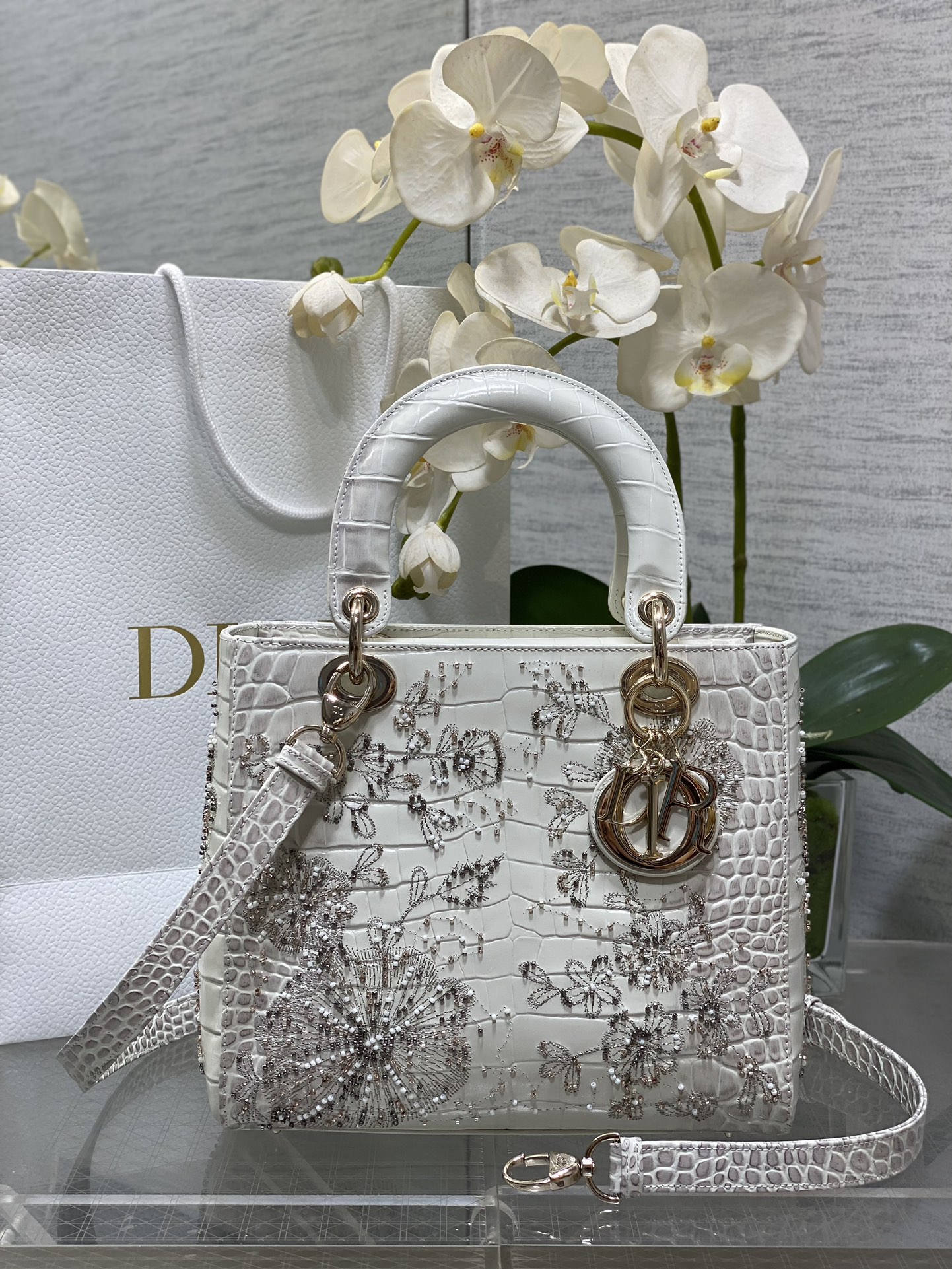 Dior Lady White crocodile-embossed leather with beading shoulder everyday