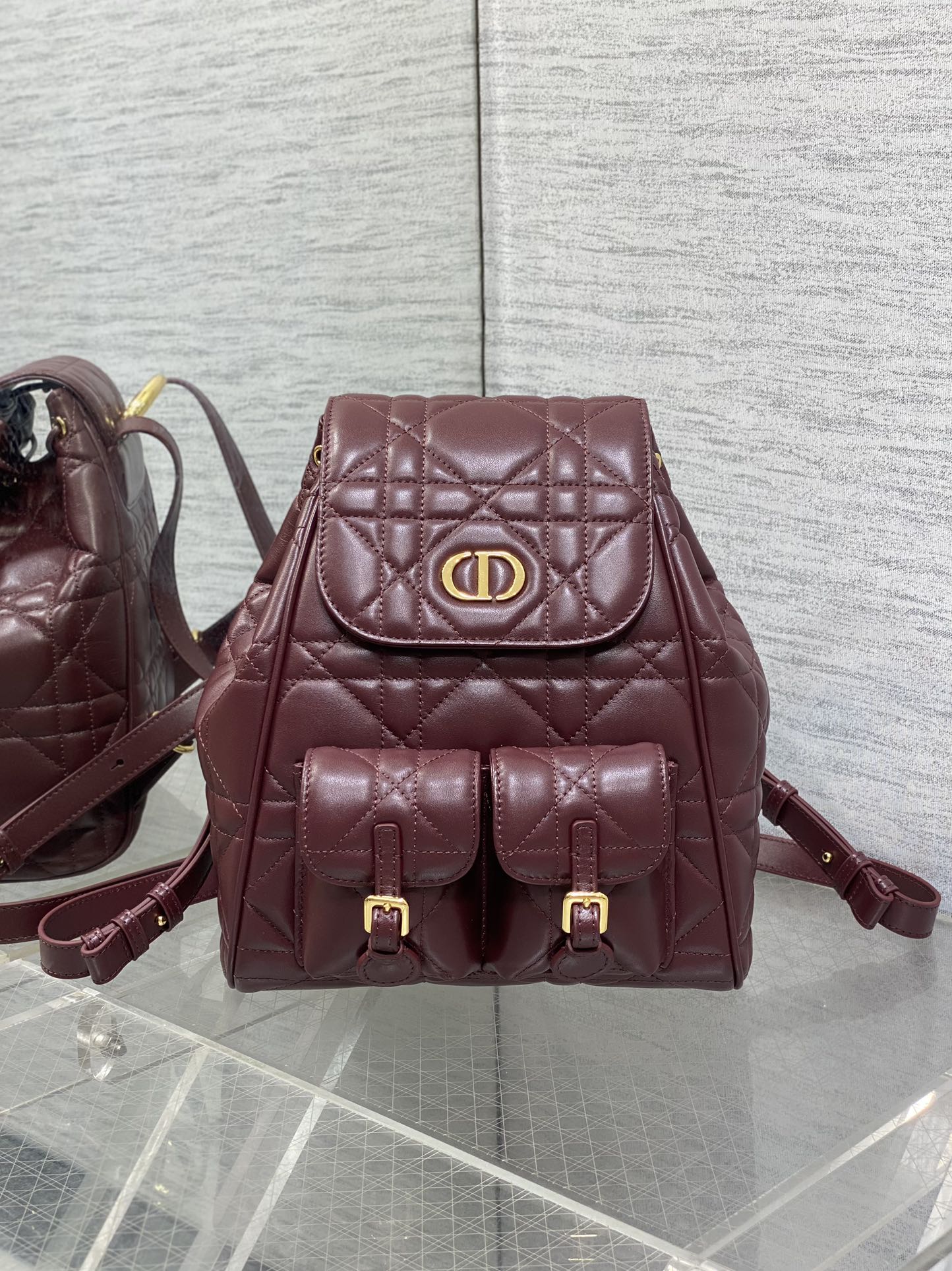 Dior Caro Bolsos Mochila Borgoña Oro Rojo Piel de oveja Colección otoño – invierno Vintage